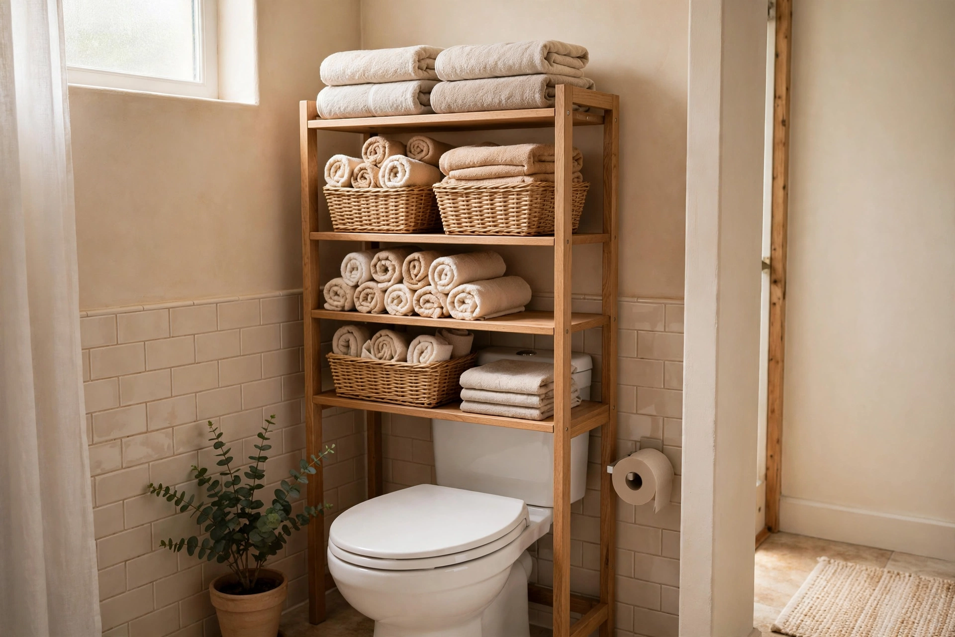 Freestanding over-toilet shelf unit holding folded towels, rolled washcloths, and woven baskets in a small bathroom