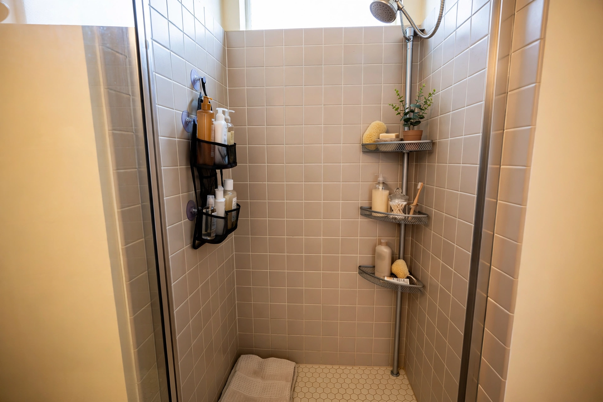 Small shower with suction-cup caddy and tension-pole corner shelves holding toiletries