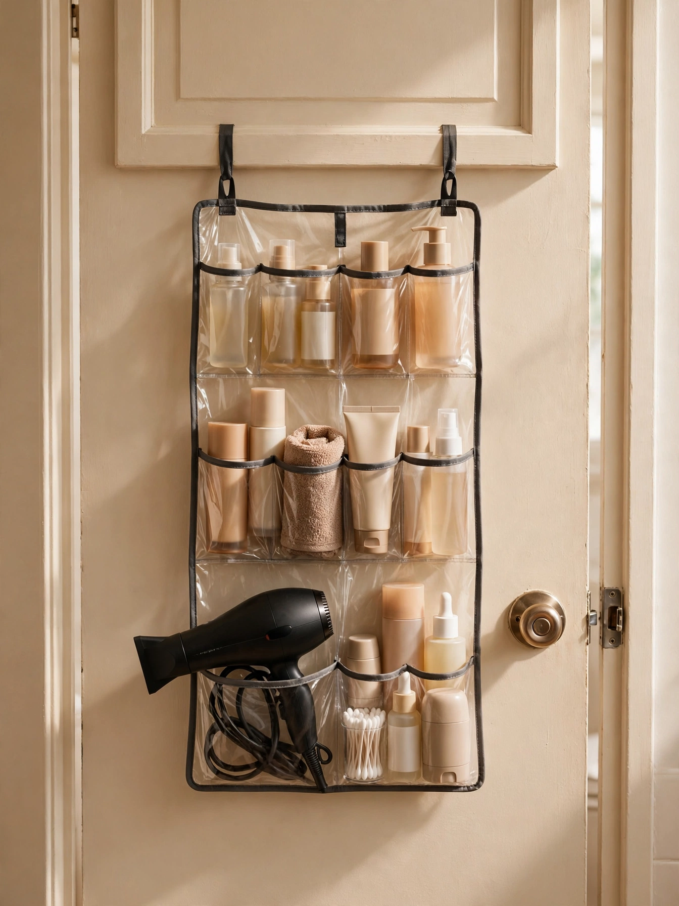 Clear-pocket over-door organizer on a bathroom door holding toiletries, skincare, and a hairdryer