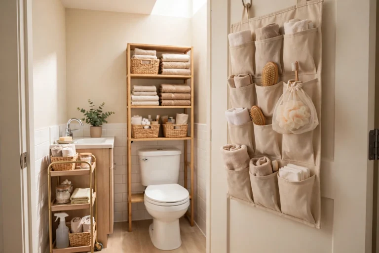 Tiny rental bathroom with over-toilet shelves, a slim rolling cart, and a door organizer, all removable