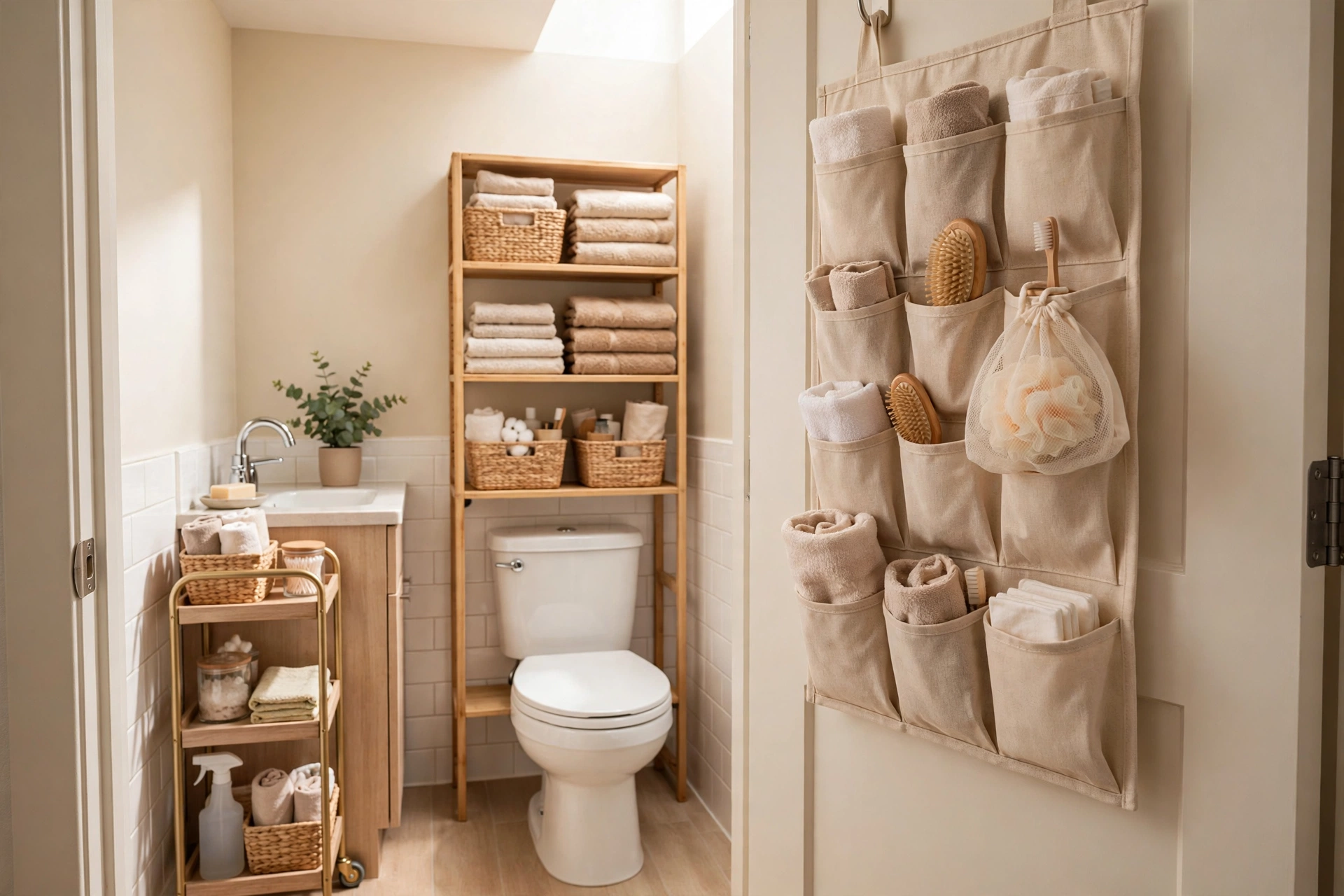Tiny rental bathroom with over-toilet shelves, a slim rolling cart, and a door organizer, all removable