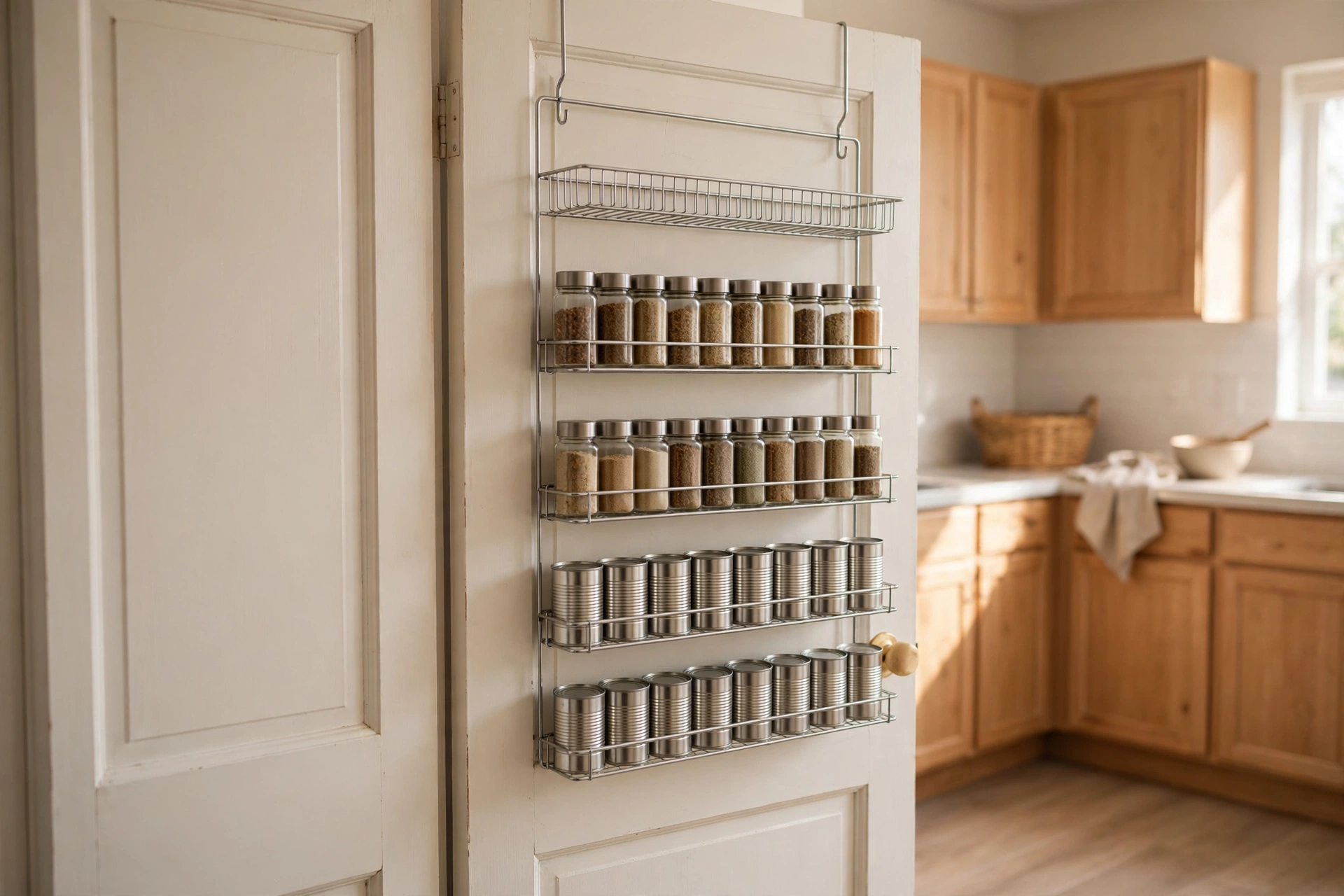 Slim wire rack organizer fitted to a kitchen pantry door, holding spice jars and small cans