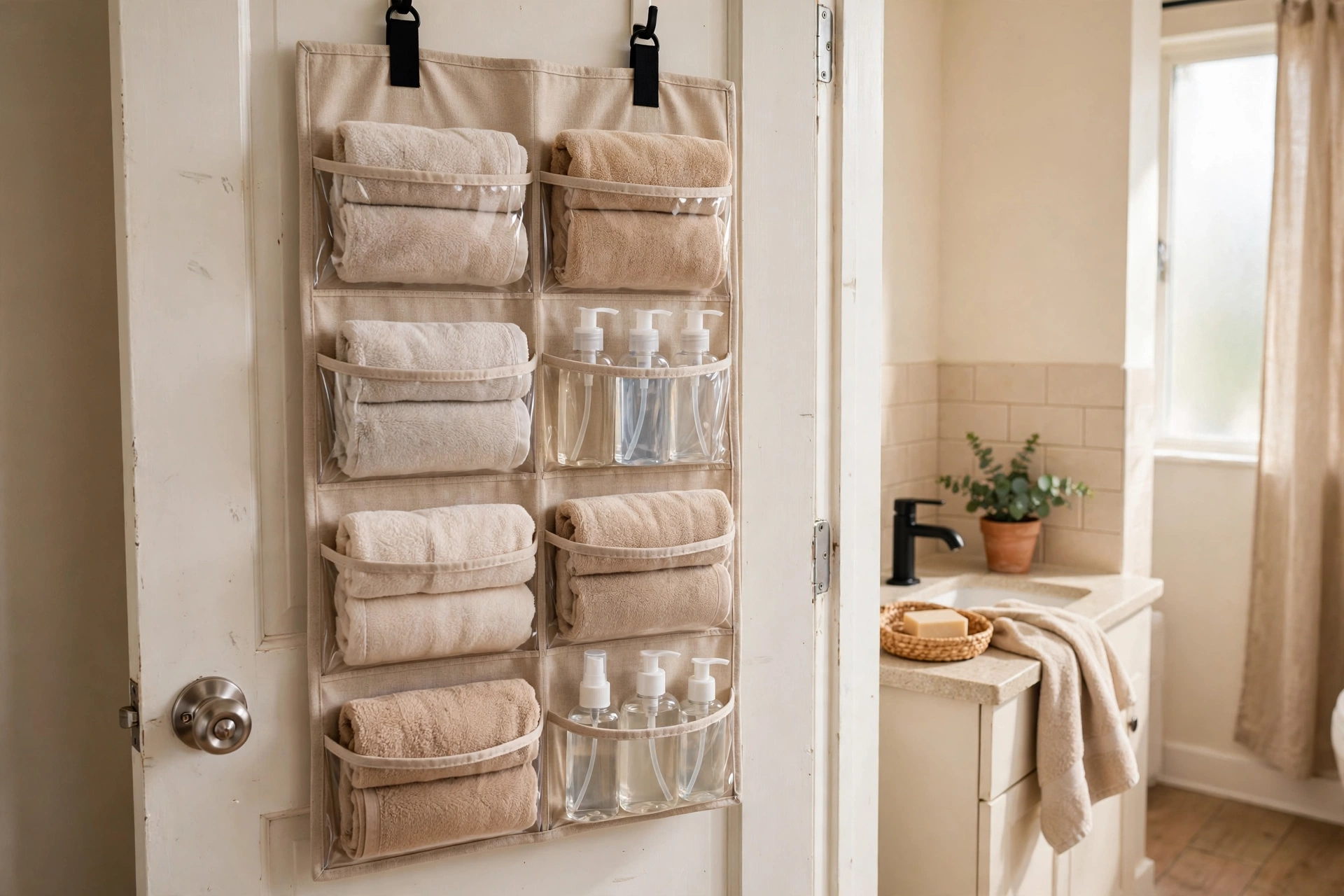 Over-door organizer on a bathroom door holding folded towels and toiletry bottles