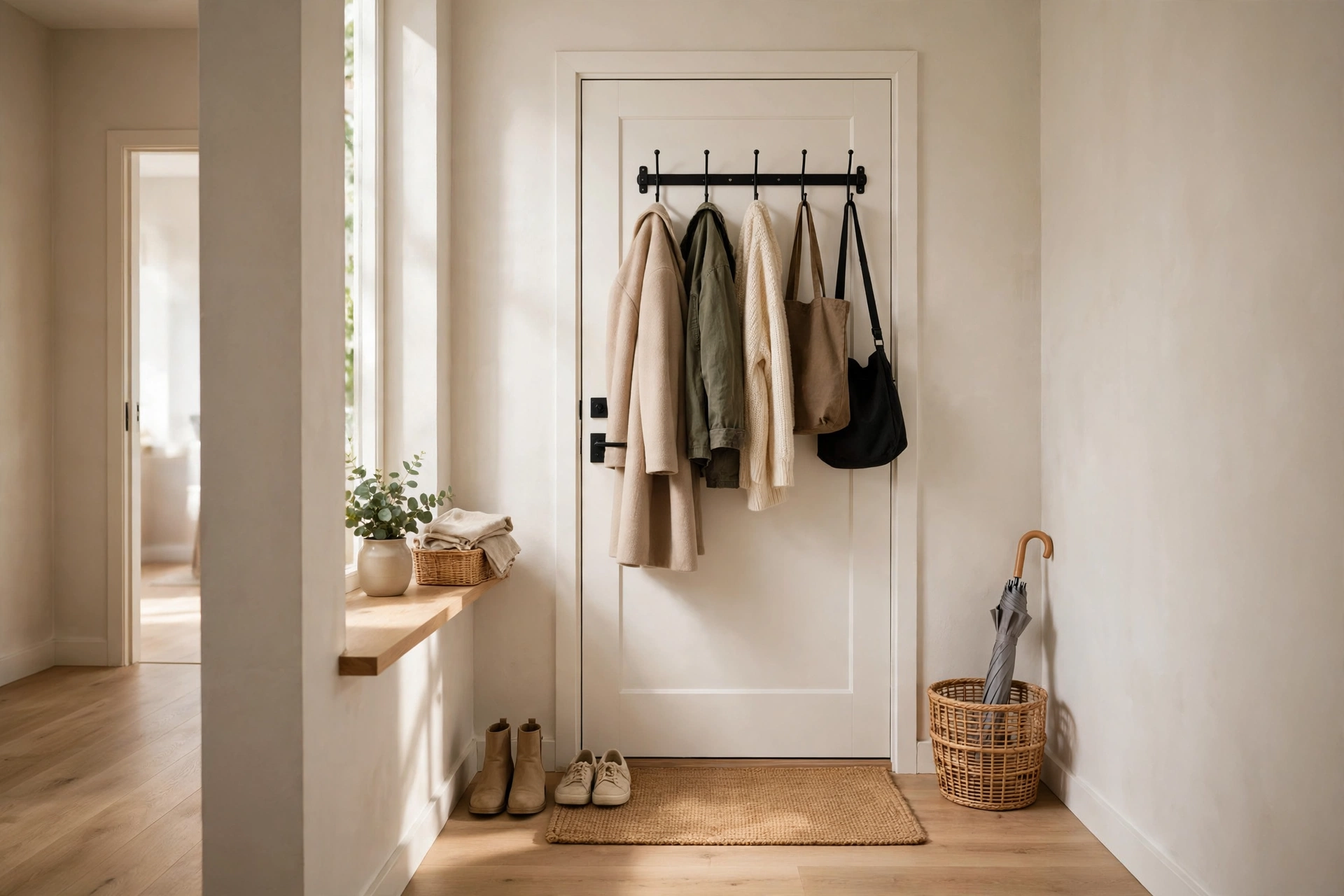 Over-door hook rail on an entry door holding coats and bags in a small apartment