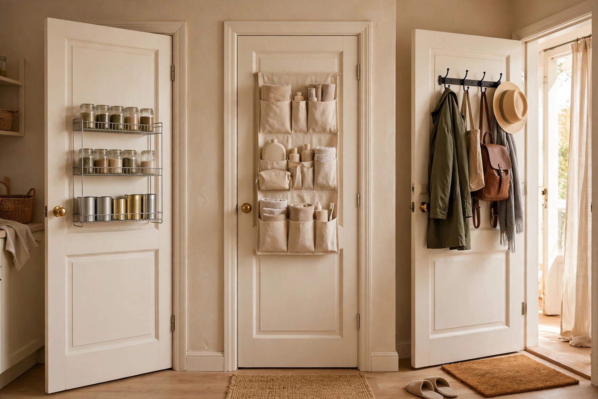 Collection of over-door organizers on different doors: pantry rack, bathroom organizer, hook rail