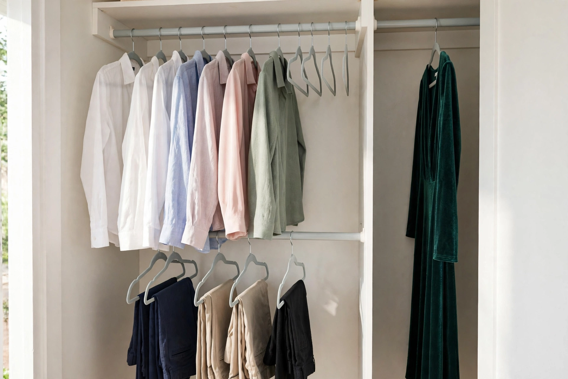Reach-in closet with a double-hang rod system: shirts and folded pants on two levels, one small section left at full height for long dresses