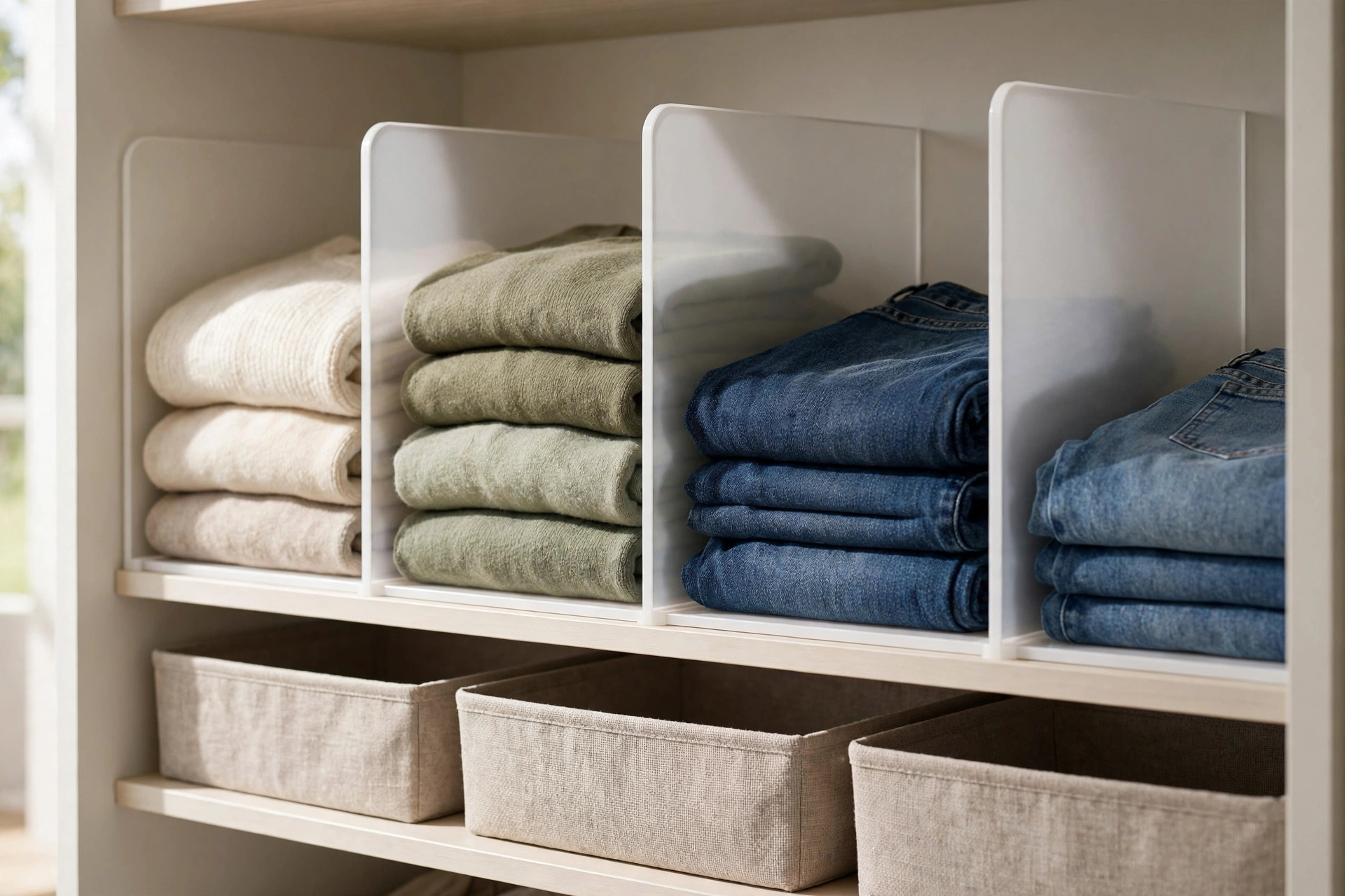 Closet shelf with white dividers separating neat stacks of folded sweaters and jeans, shallow bins in front