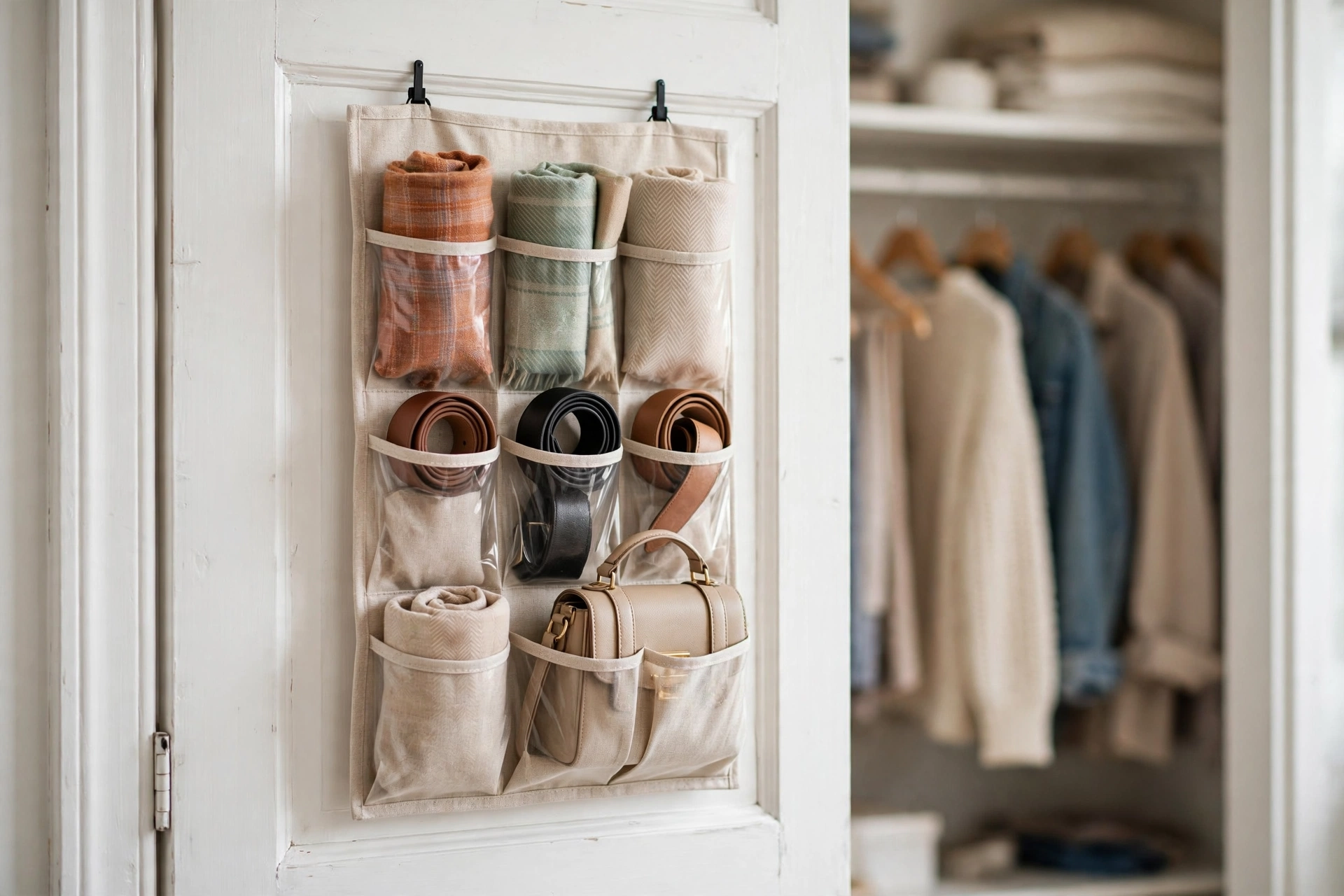 Back of a closet door with a slim pocket organizer holding scarves, belts, and a small handbag