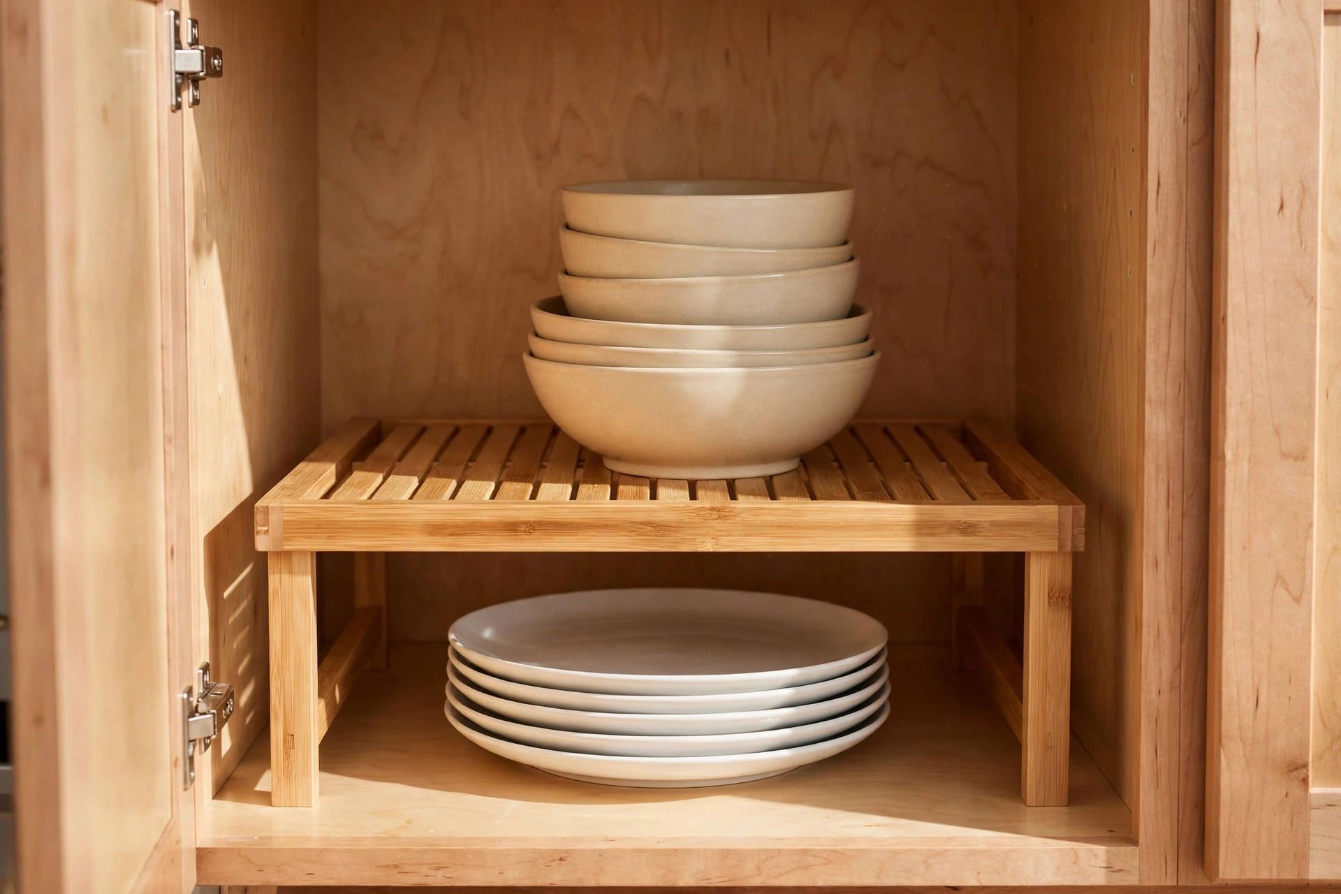 Kitchen cabinet interior with a white wire shelf riser holding bowls above stacked plates, everything visible and reachable