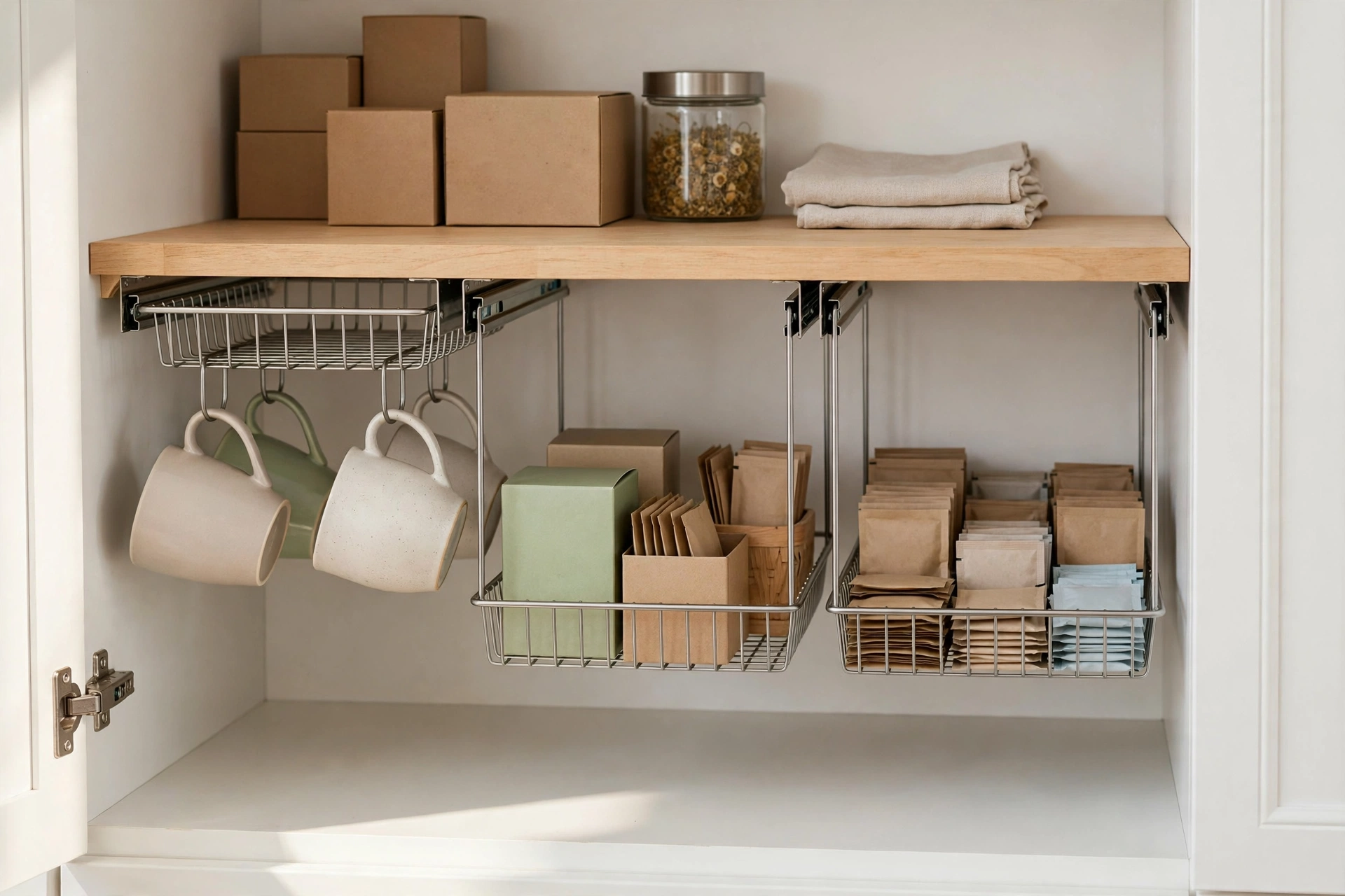 Under-shelf wire baskets slid onto a kitchen cabinet shelf holding mugs, tea boxes, and packets