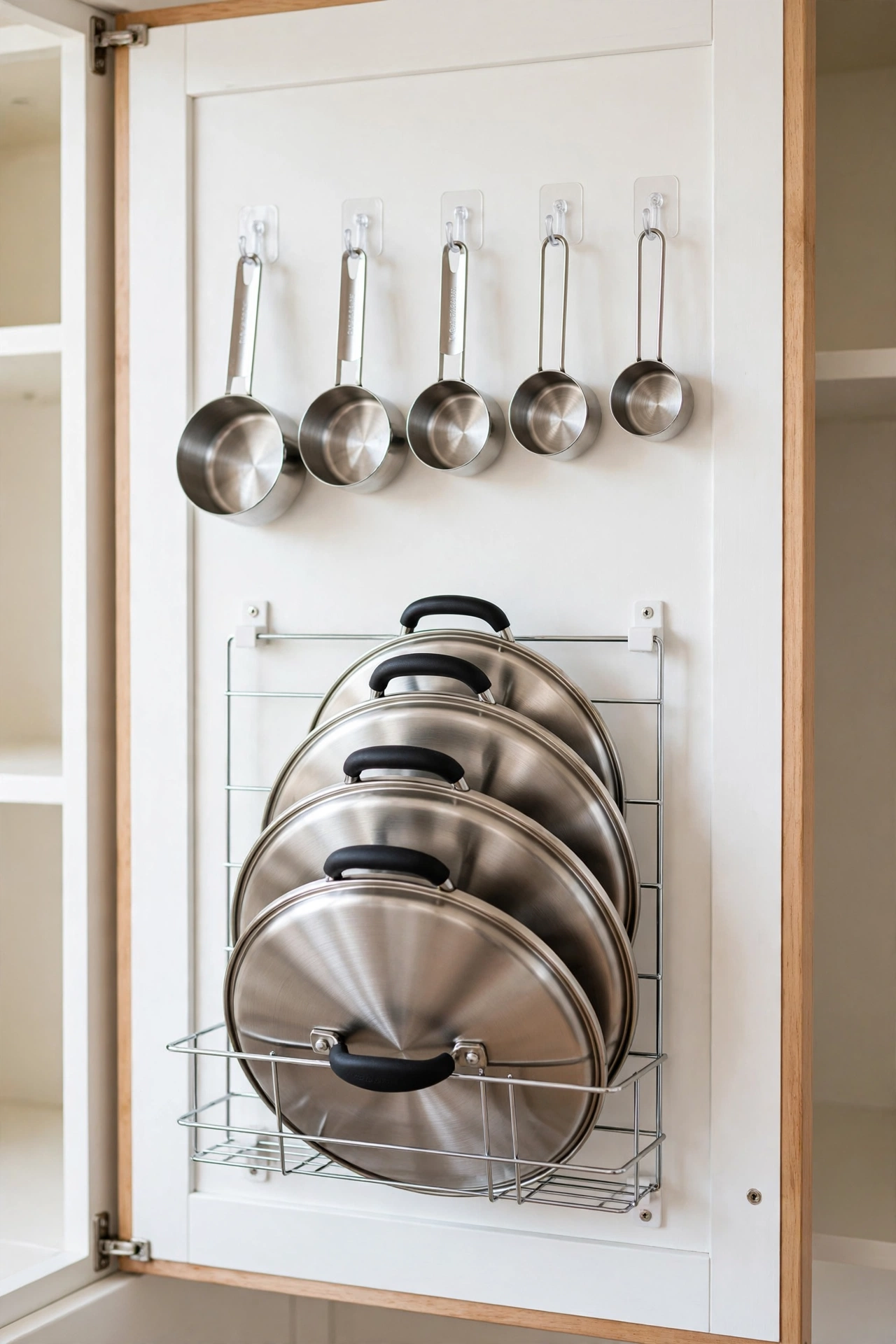 Inside of a kitchen cabinet door with adhesive hooks holding measuring cups and a slim rack with pot lids