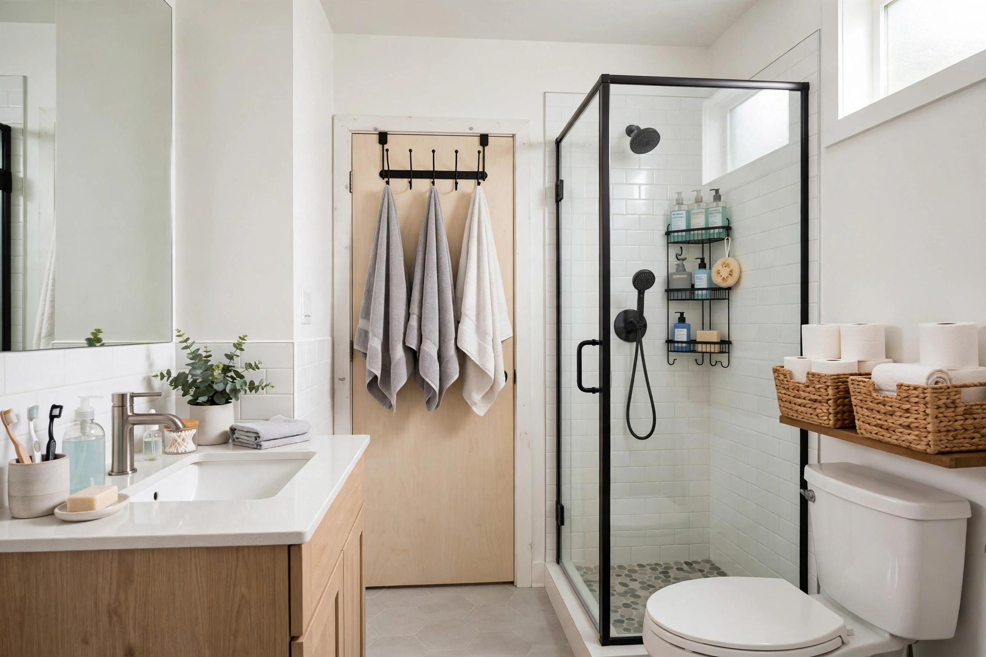 Tiny bathroom with labeled storage zones: daily-use items at the sink, shower caddy in the shower, towels on the door, backups above the toilet