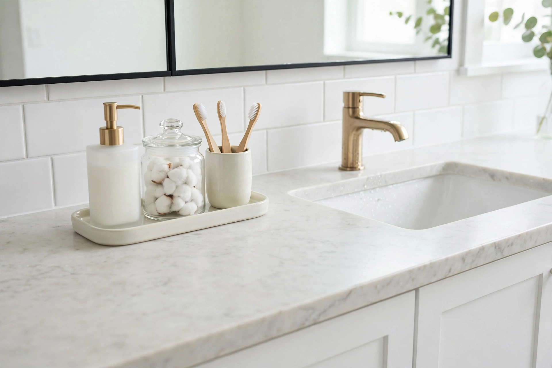 Bathroom sink counter with a small tray holding a soap dispenser, cotton-round jar, and toothbrush cup, counter otherwise clear
