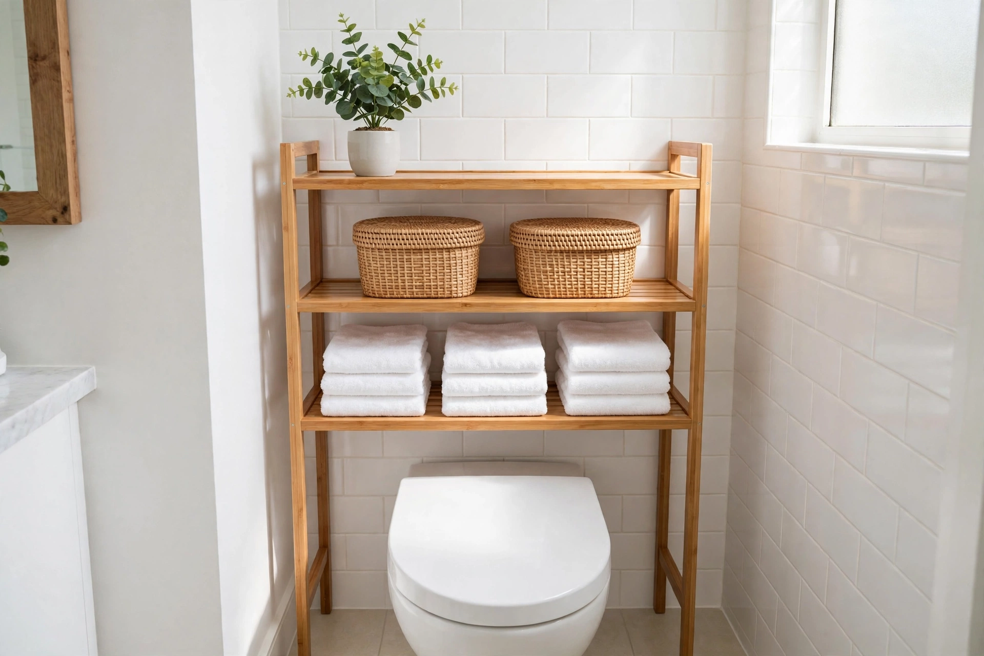 Over-the-toilet shelving unit with folded towels, lidded baskets for backups, and a small plant, floor below kept clear