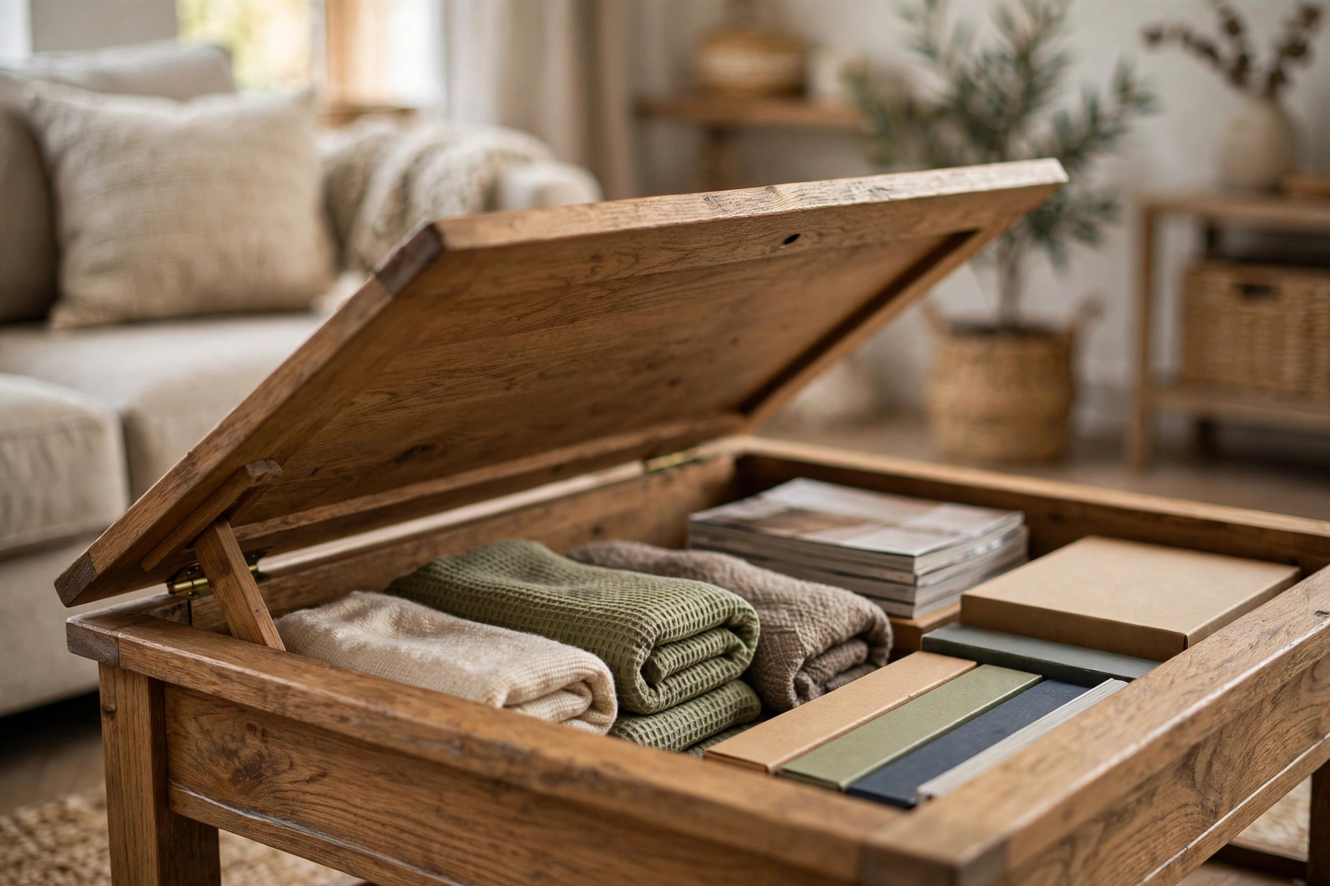 Wooden lift-top coffee table with the top raised, showing a hidden compartment holding folded blankets, magazines, and storage boxes