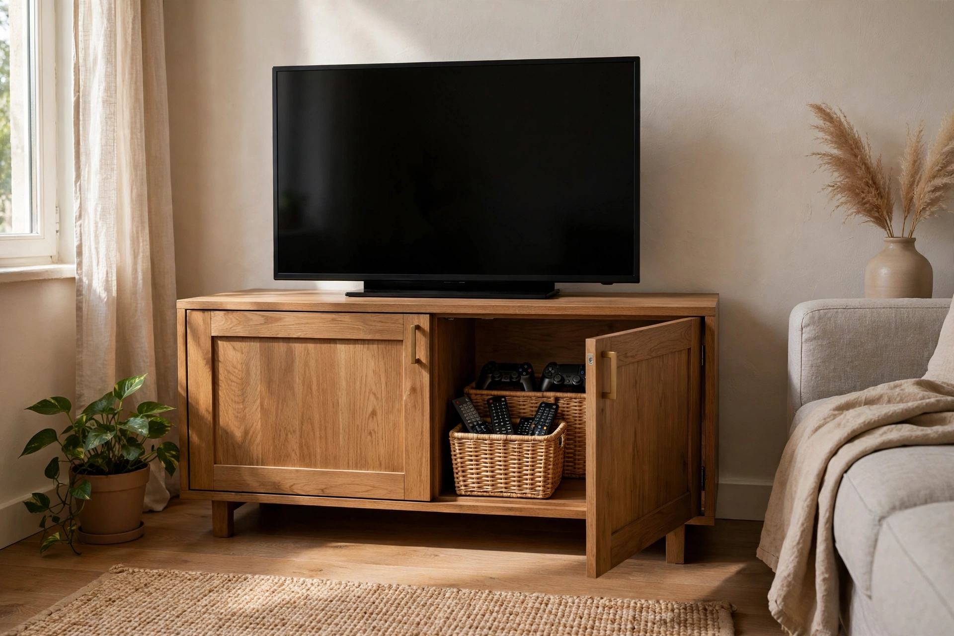 Closed wooden TV console with one door open, revealing woven baskets holding remote controls and game controllers inside