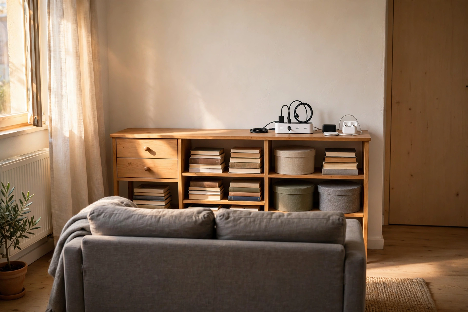 Slim wooden console table behind a gray sofa with drawers, lidded storage boxes, stacked books, and a charging station on top