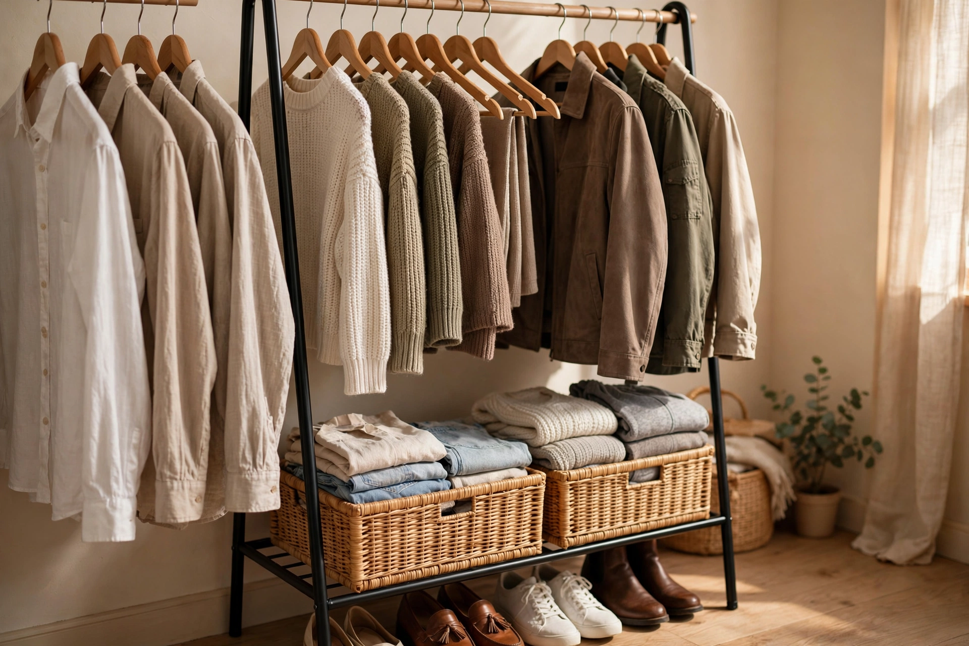 Freestanding garment rack with clothes on matching wooden hangers, woven baskets with folded clothes on the lower shelf, and shoes lined up underneath