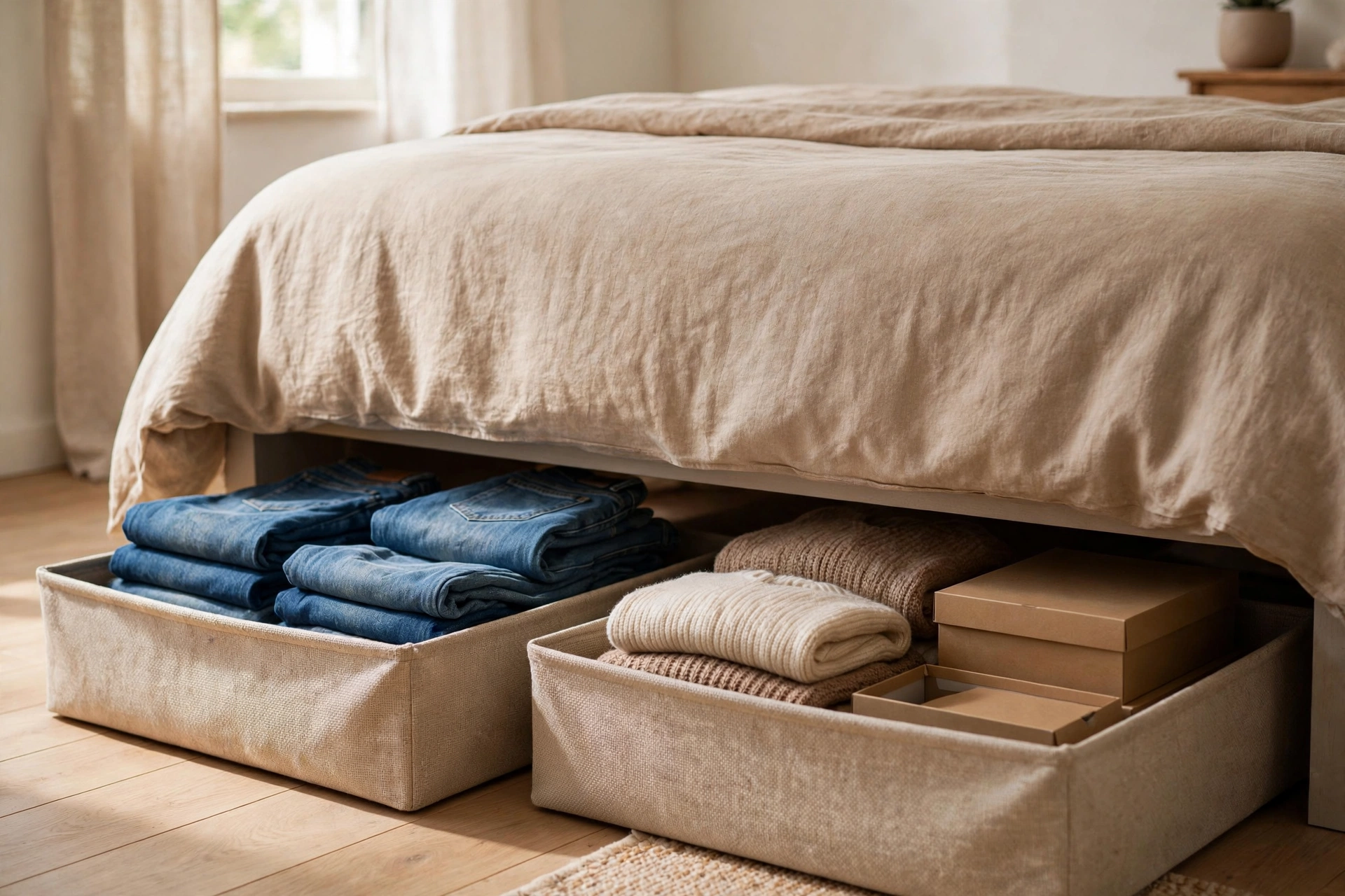 Two shallow fabric storage bins pulled out from under a bed, one holding folded jeans and the other folded sweaters and shoe boxes