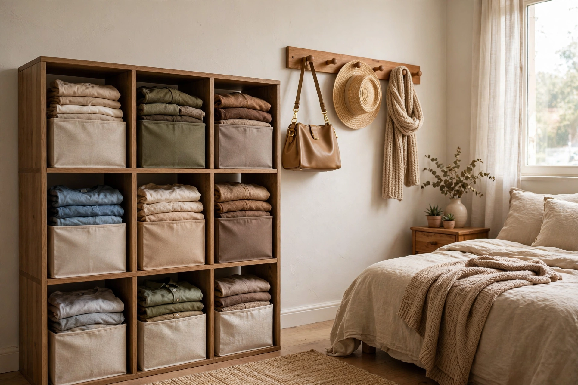Cube shelf unit with fabric bins holding folded clothes beside a wooden peg rail with hooks holding a handbag, a hat, and a scarf
