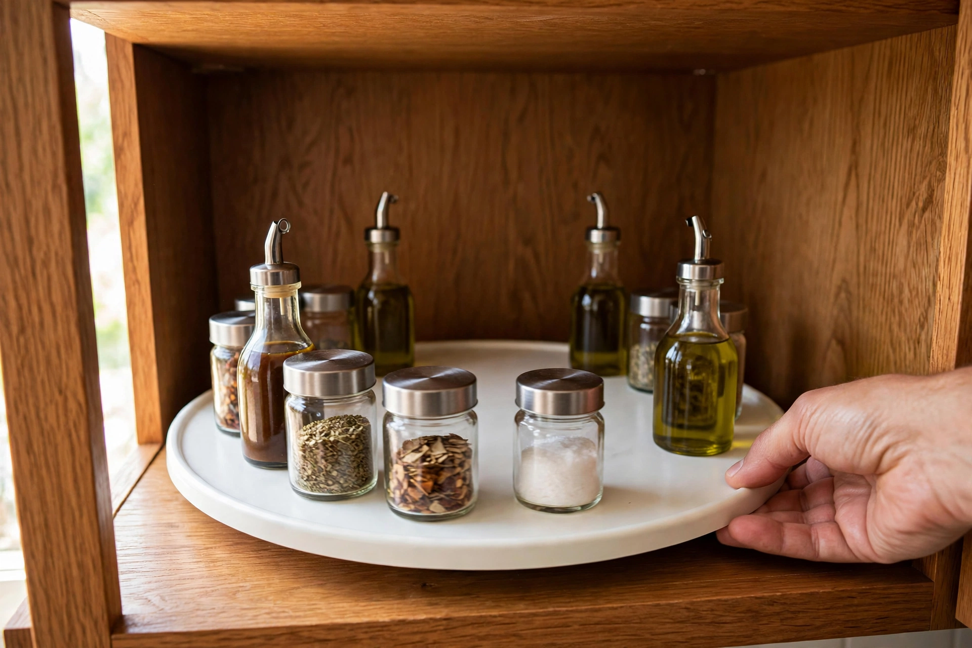Round white turntable inside a kitchen cabinet holding small glass spice jars and oil bottles, a hand spinning the tray