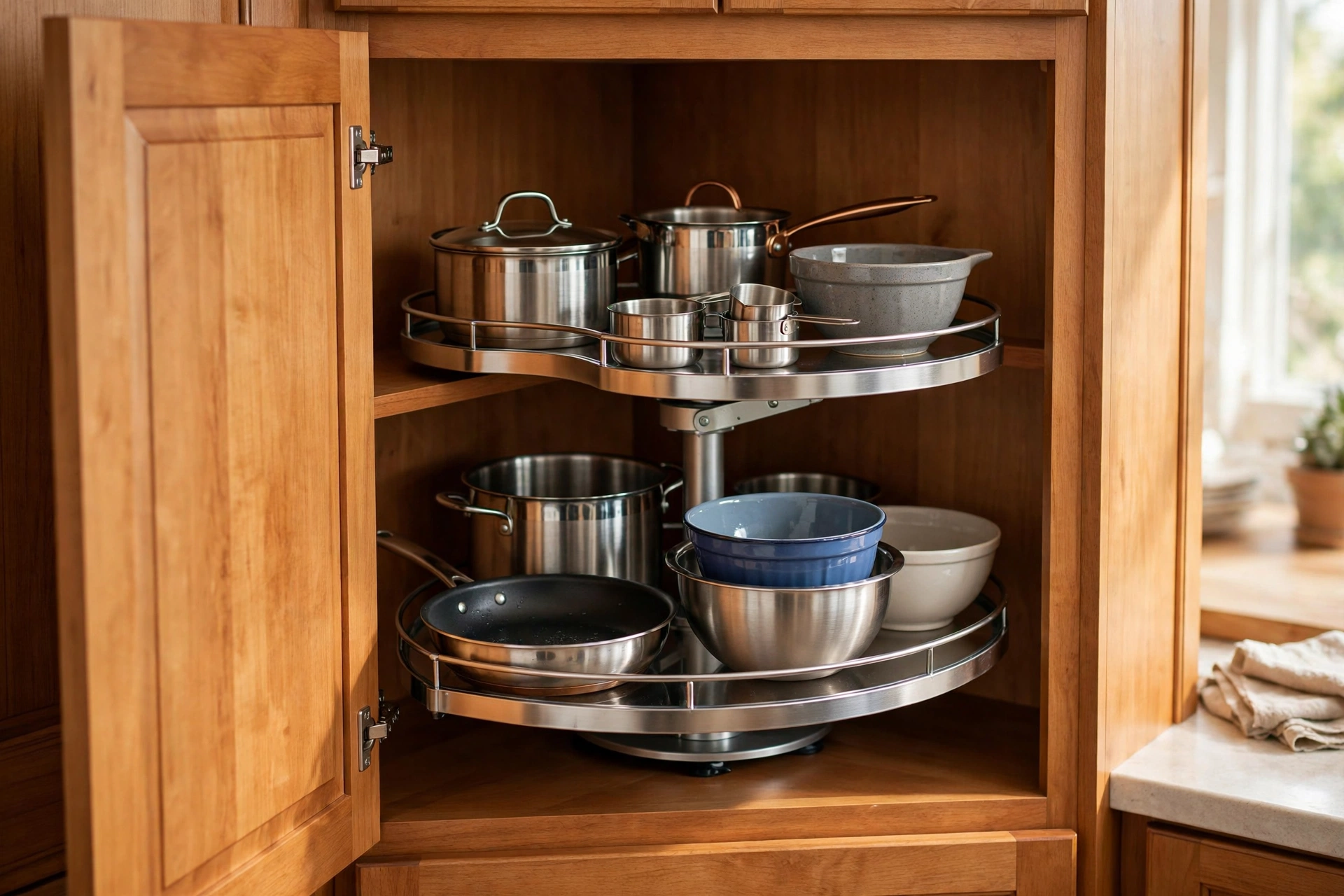Kidney-shaped two-tier metal turntable in a deep corner kitchen cabinet holding stainless steel pots, pans, and mixing bowls