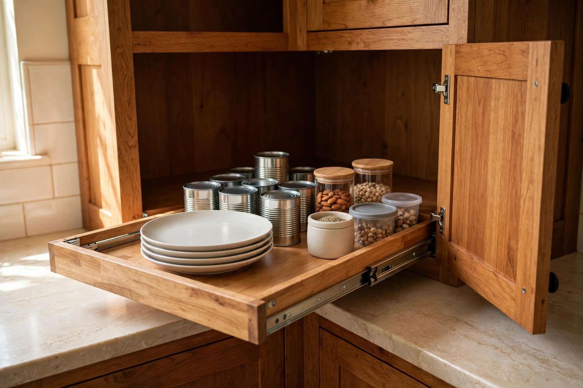 Pull-out wooden tray slid out of a deep kitchen corner cabinet holding stacked plates, canned goods, and food storage jars