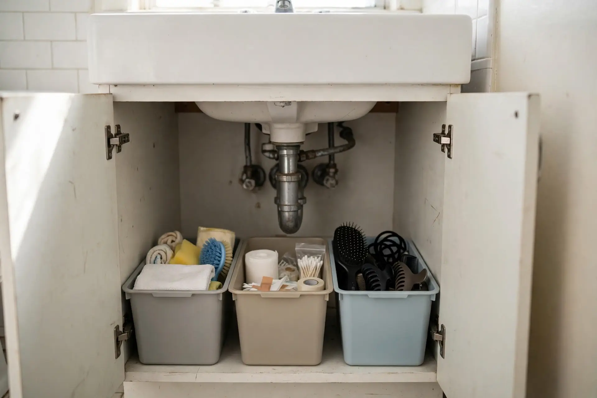 Open under-sink bathroom cabinet with small stackable plastic bins holding cleaning supplies, first aid items, and hair tools