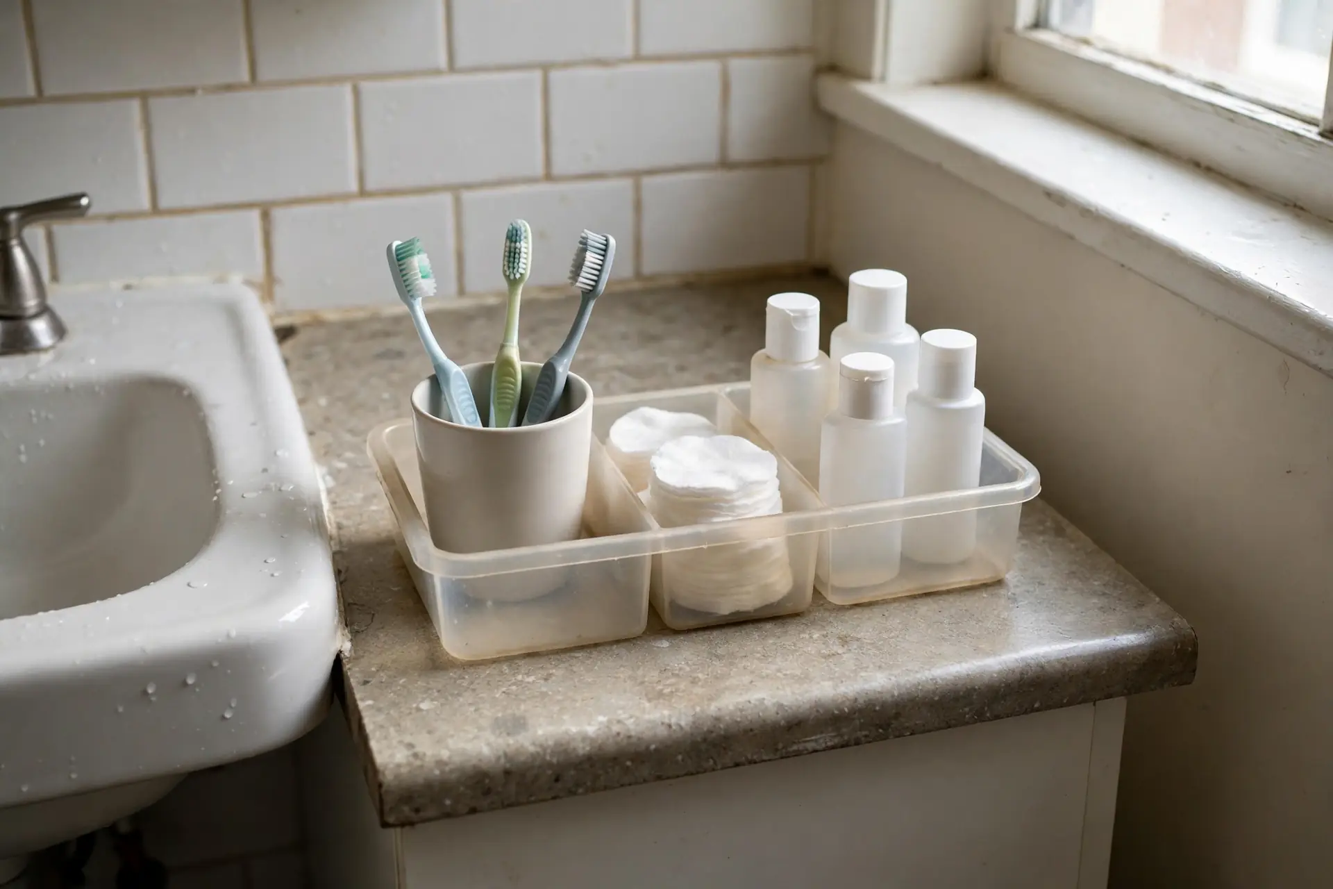 Small bathroom countertop with a plastic tray holding organized toothbrushes, cotton pads, and skincare bottles in small bins