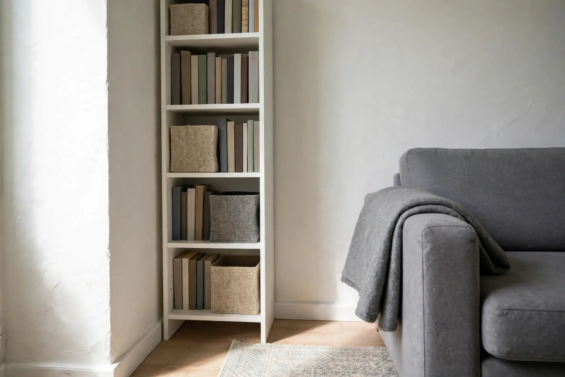 Tall narrow white bookcase in the corner of a small living room, filled with books and fabric storage bins, beside a compact sofa