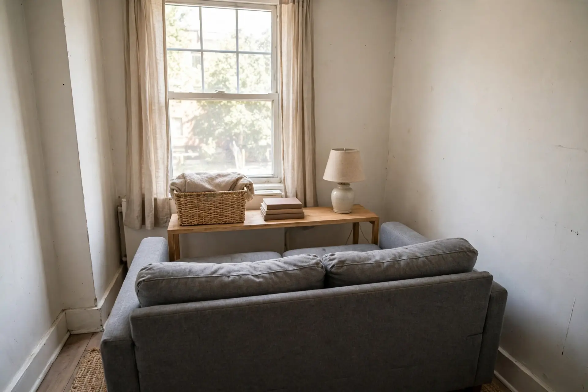 Slim wooden console table behind a gray loveseat with woven baskets, stacked books, and a small lamp on top