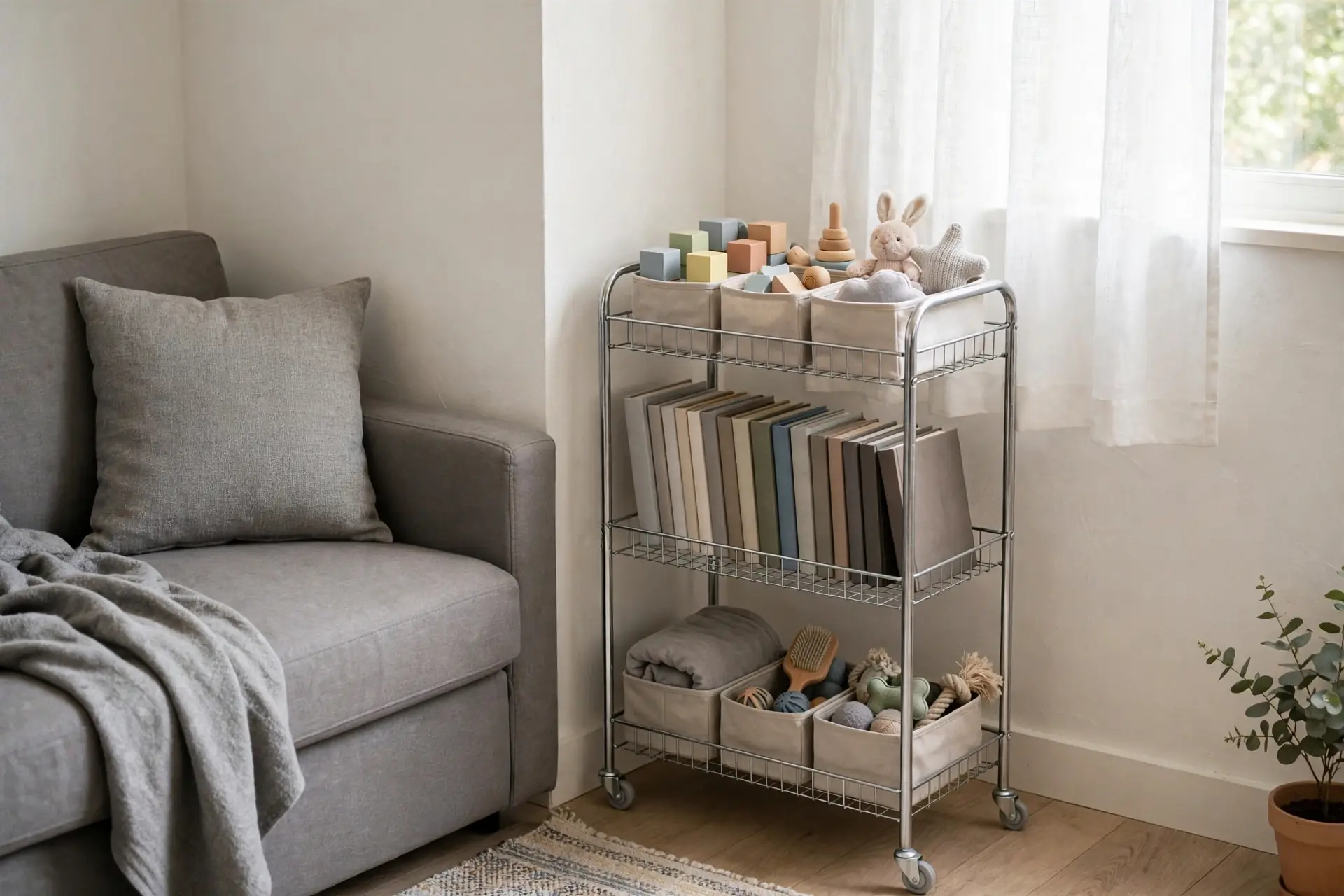 Three-tier rolling cart in the corner of a small living room holding toys, books, and pet supplies in neat bins