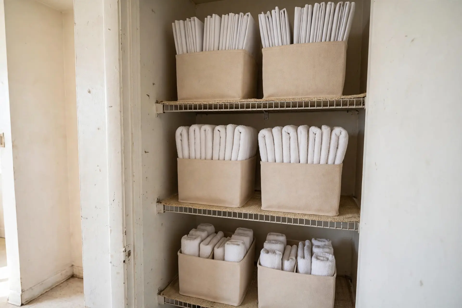Organized linen closet shelves with folded white towels file-folded vertically in fabric bins, sorted by category