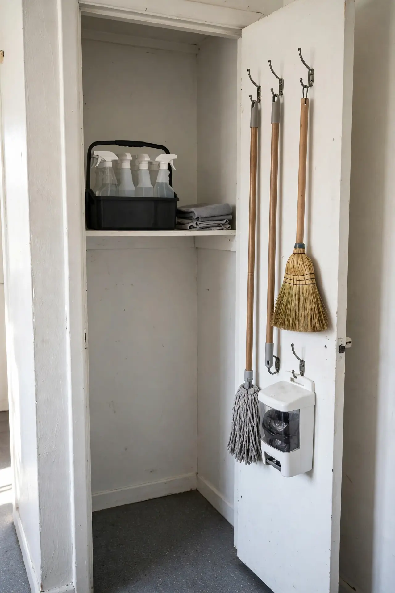 Narrow organized cleaning-supply closet with a handled caddy of supplies on a shelf, broom and mop hanging on hooks inside the door