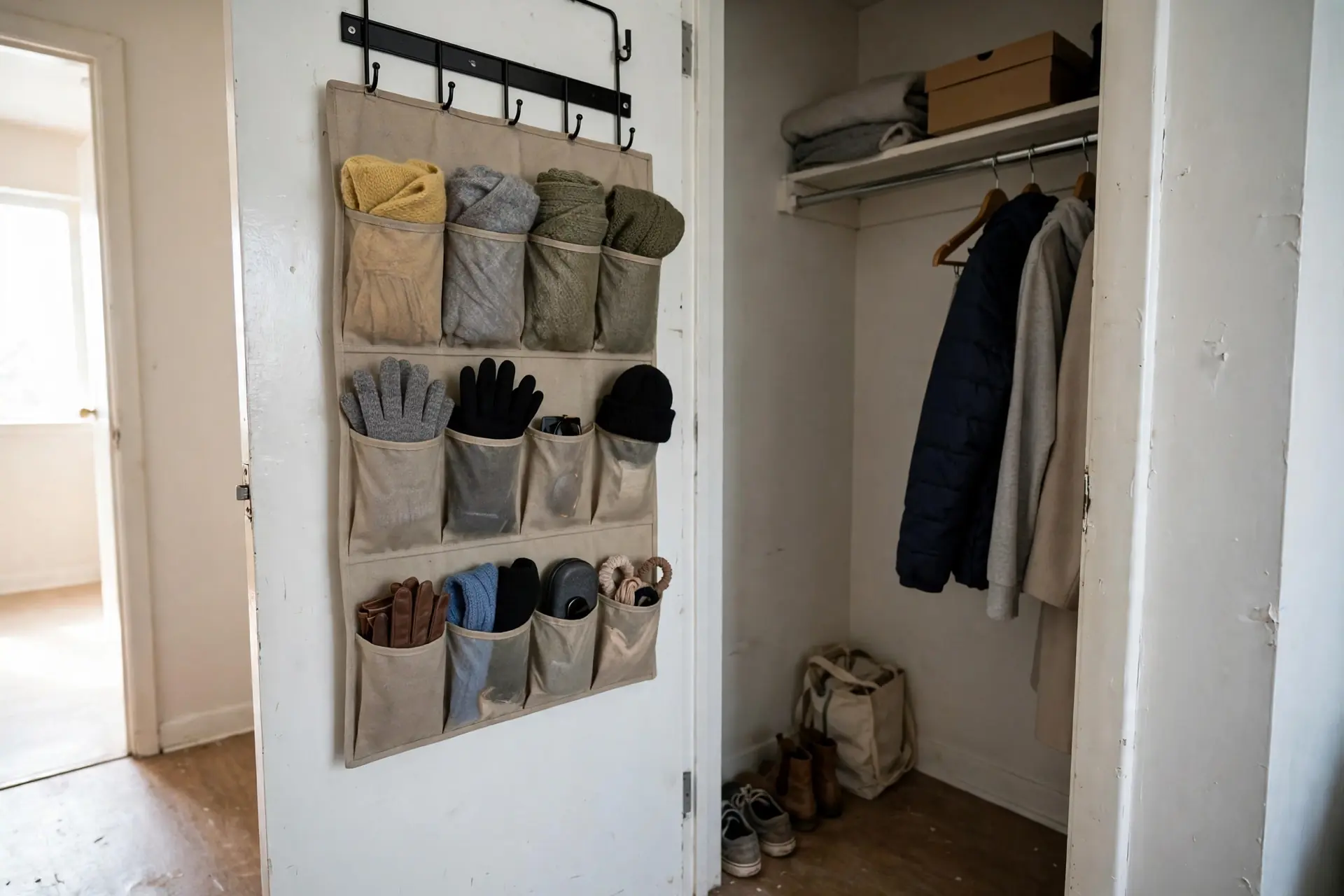 Over-the-door pocket organizer on the inside of a hallway closet door holding scarves, gloves, and small accessories