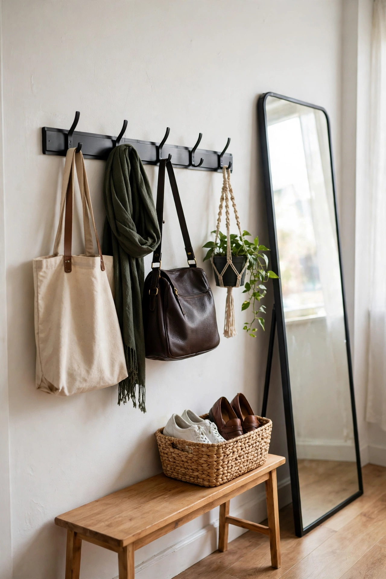 Rental entry wall with an adhesive hook rail holding bags and a scarf, a leaning full-length mirror, and a wooden bench with a woven shoe basket