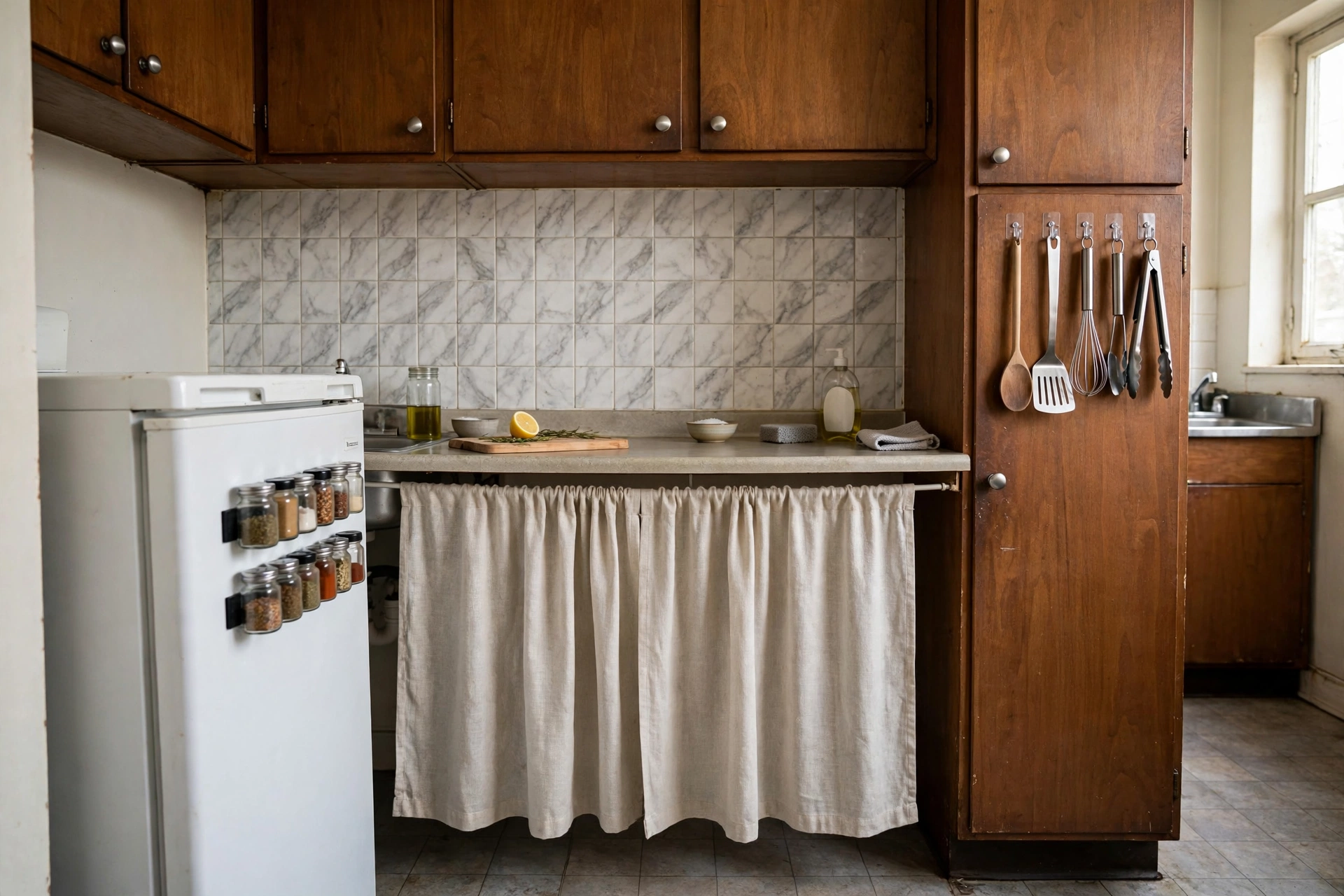 Modest rental kitchen with peel-and-stick marble tile backsplash, tension-rod curtain under the sink, brushed nickel cabinet knobs, and magnetic spice jars on the fridge