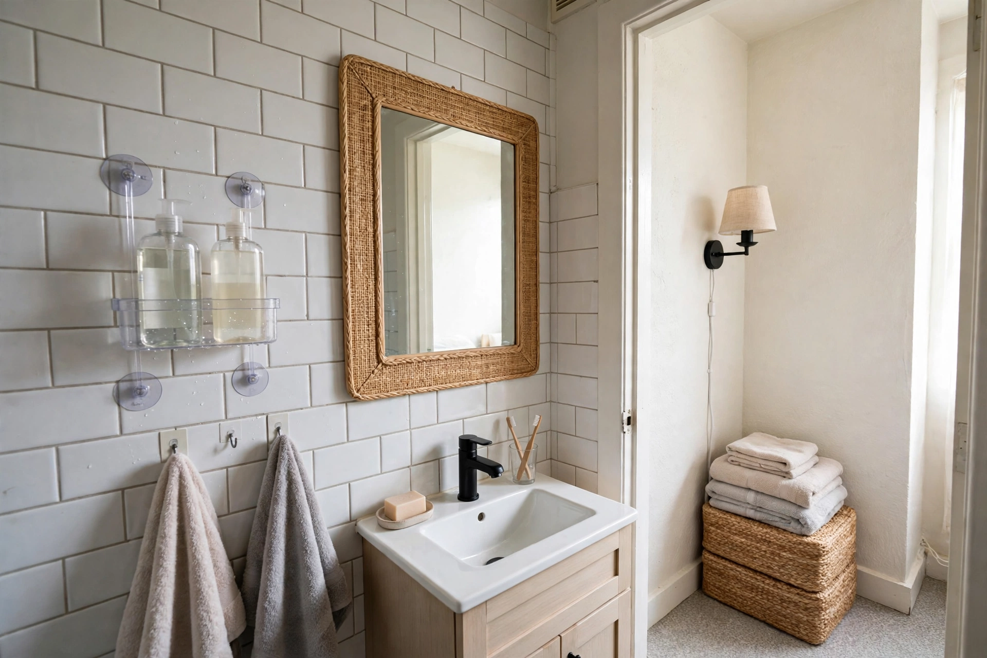 Small rental bathroom with a suction-cup shower caddy on white tile, peel-and-stick mirror frame, adhesive towel hooks, and a plug-in wall sconce beside the door