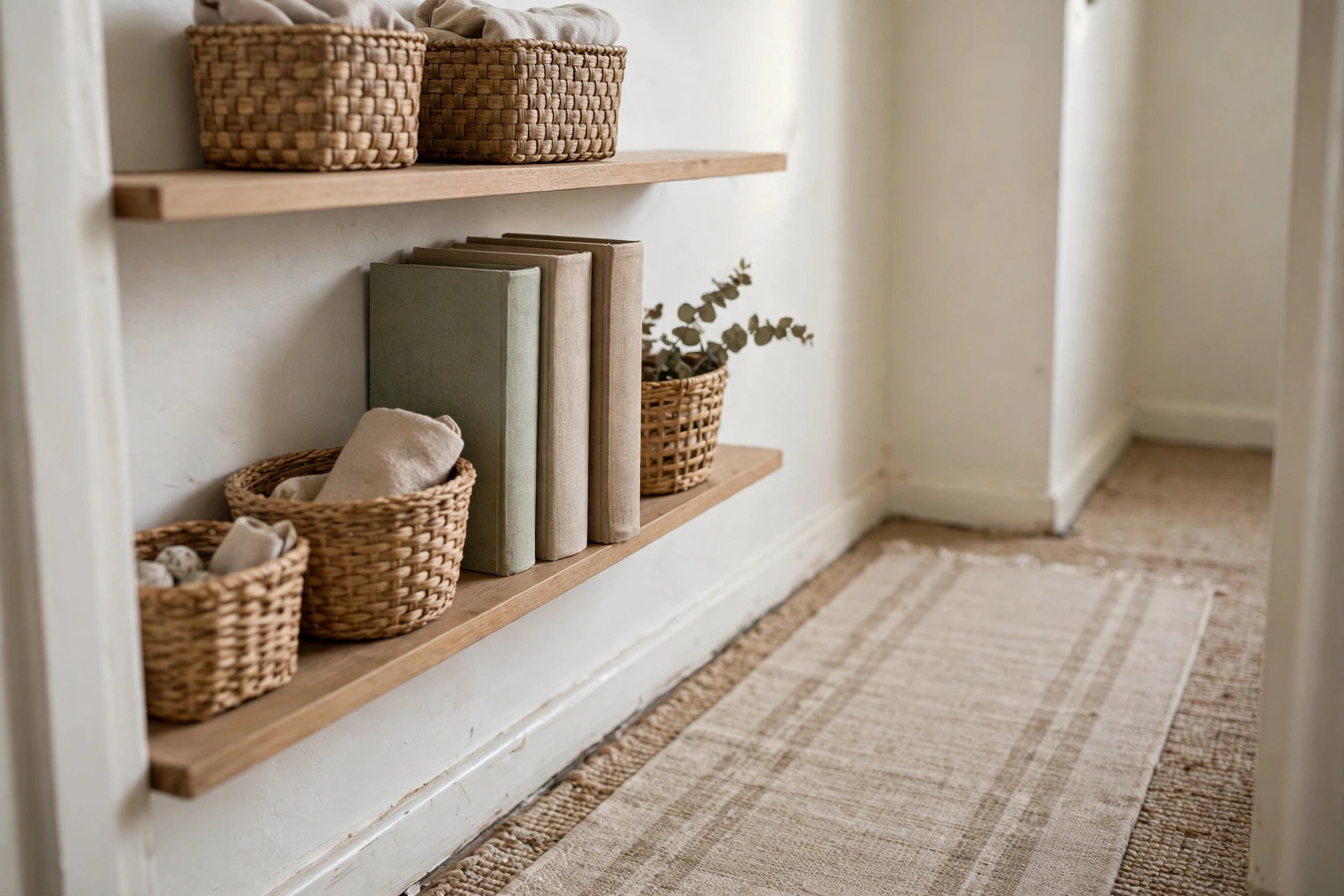 Shallow wooden hallway shelves about 6 inches deep holding woven baskets and upright books above a runner rug in a narrow hallway