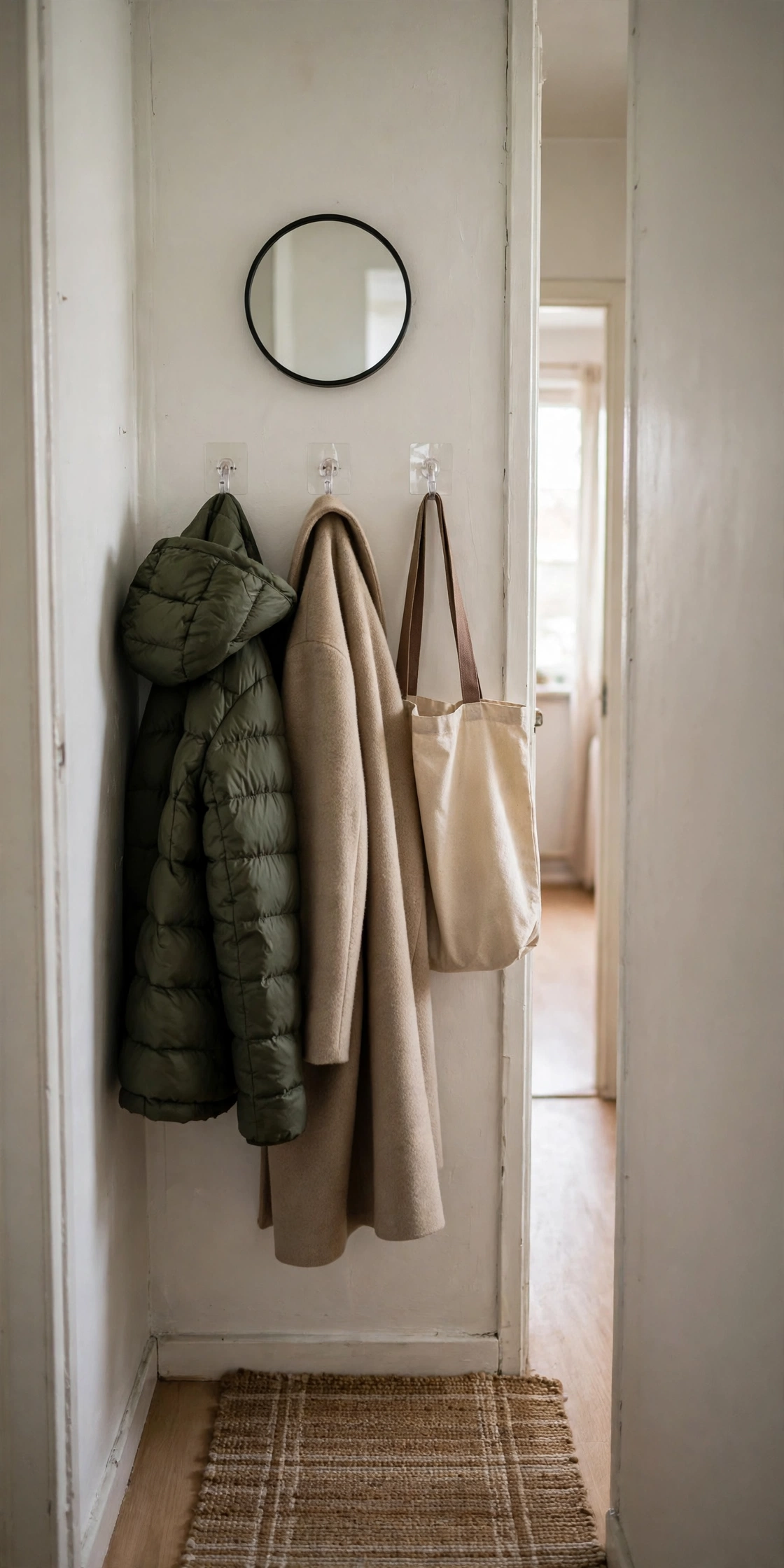 Tight hallway wall with clear adhesive hooks holding two coats and a tote bag, a small round mirror mounted above