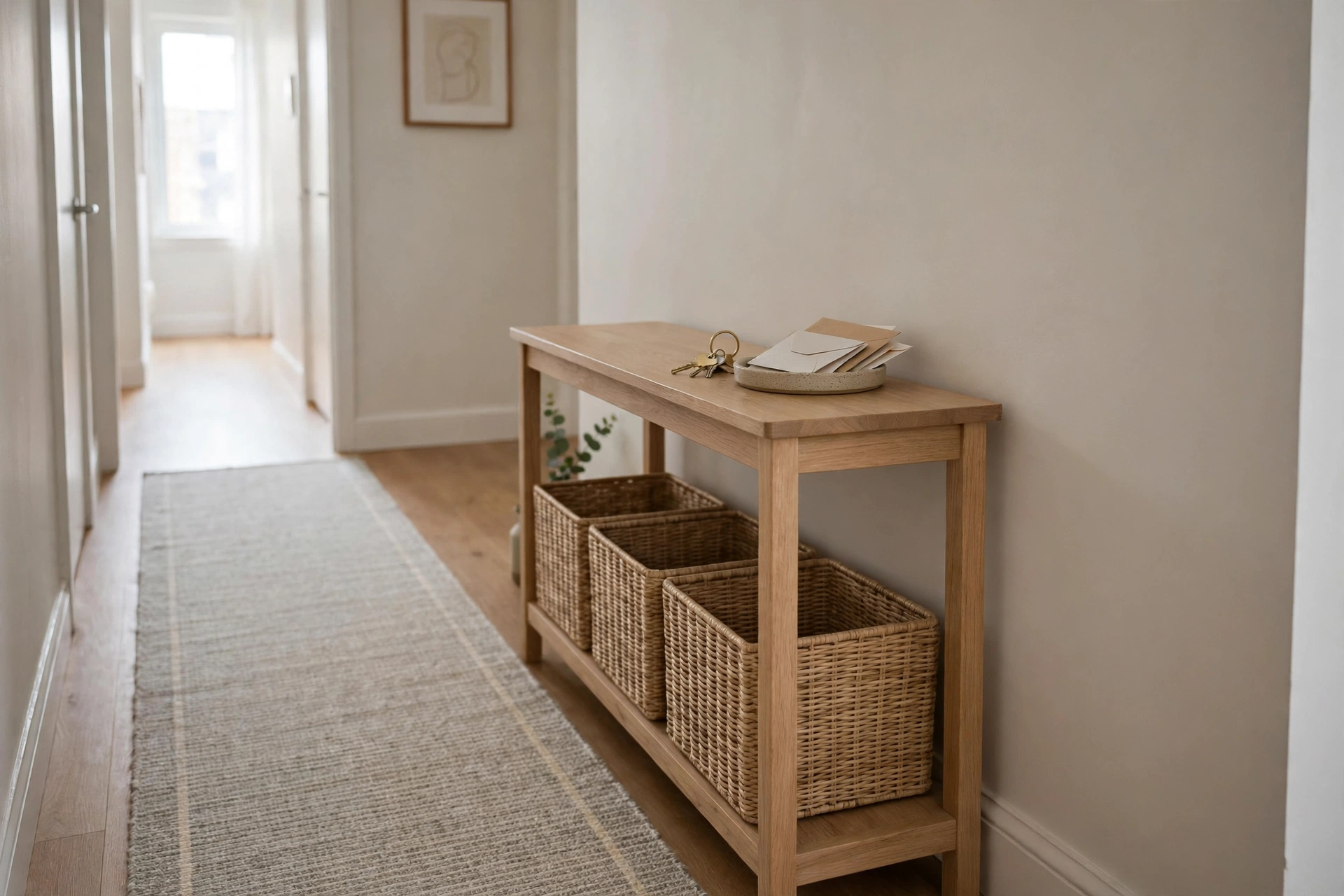 Very narrow wooden console table about 10 inches deep in a hallway with woven baskets underneath and a tray of keys and mail on top