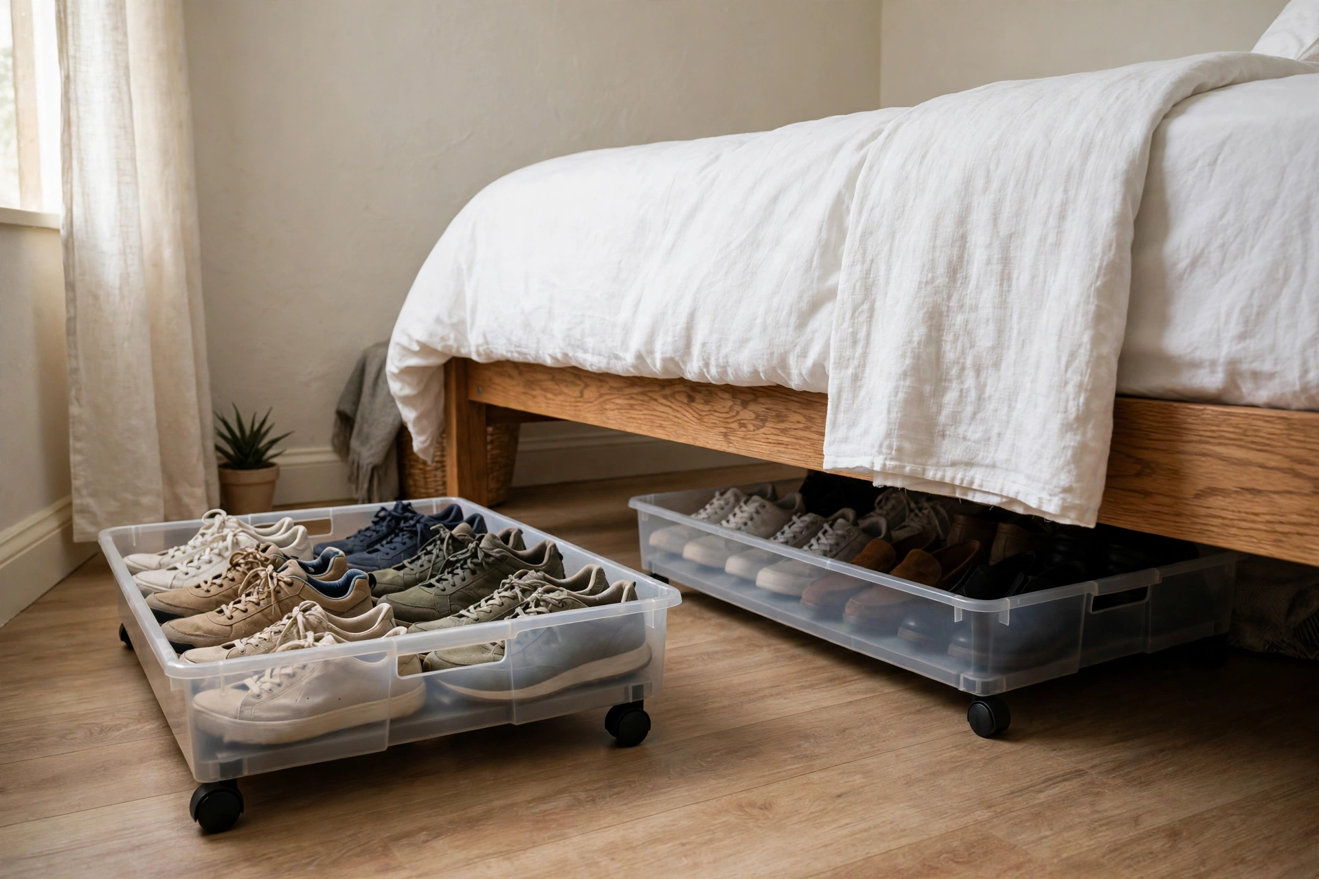 Two open rolling under-bed storage bins beside a bed, shoes organized in neat rows inside, one bin pulled out from under the bed frame