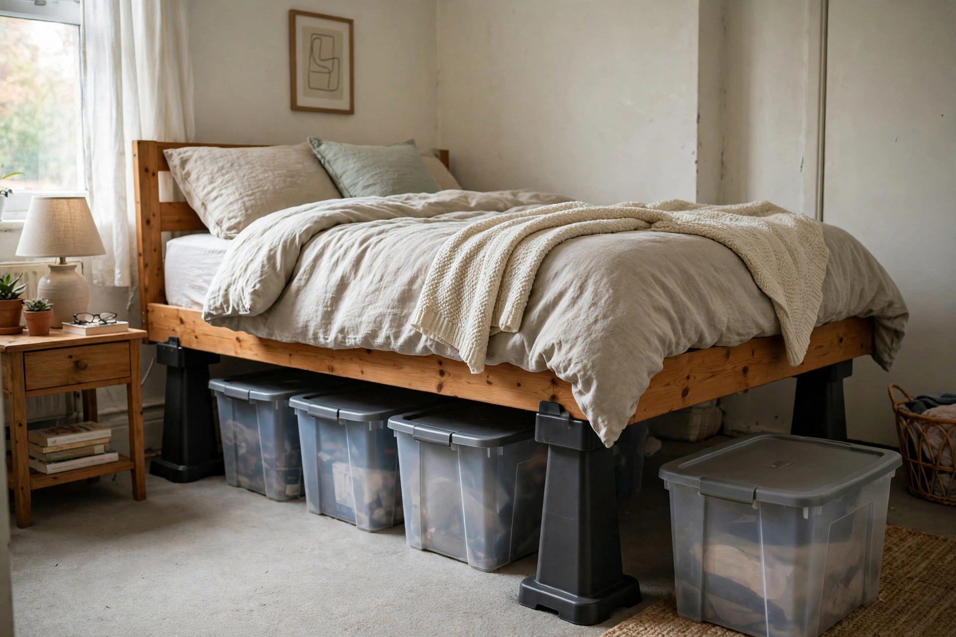 Bed frame raised on dark plastic bed risers with tall lidded storage bins fitting underneath, showing the gained under-bed clearance