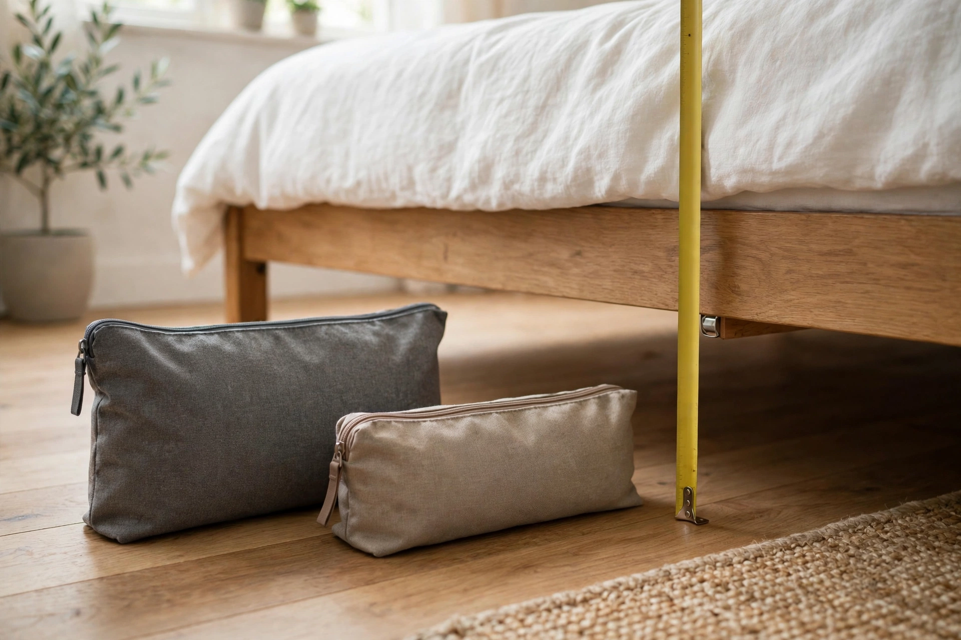 Yellow tape measure extended from the floor to a bed frame showing clearance height, next to two flat zippered fabric storage bags of different heights