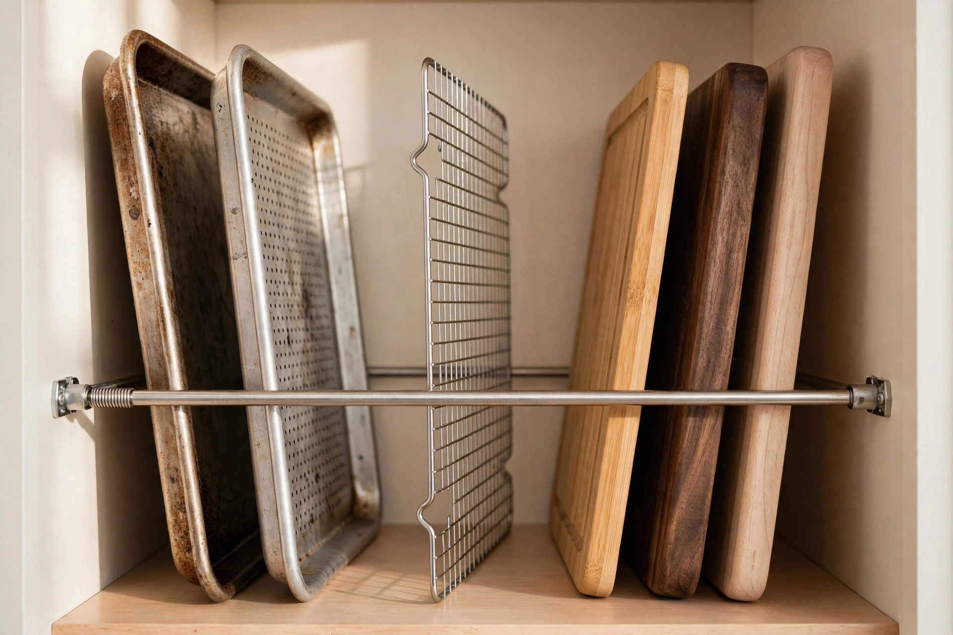 Tension rod wedged inside a kitchen cabinet creating upright slots for baking trays, a cooling rack, and wooden cutting boards
