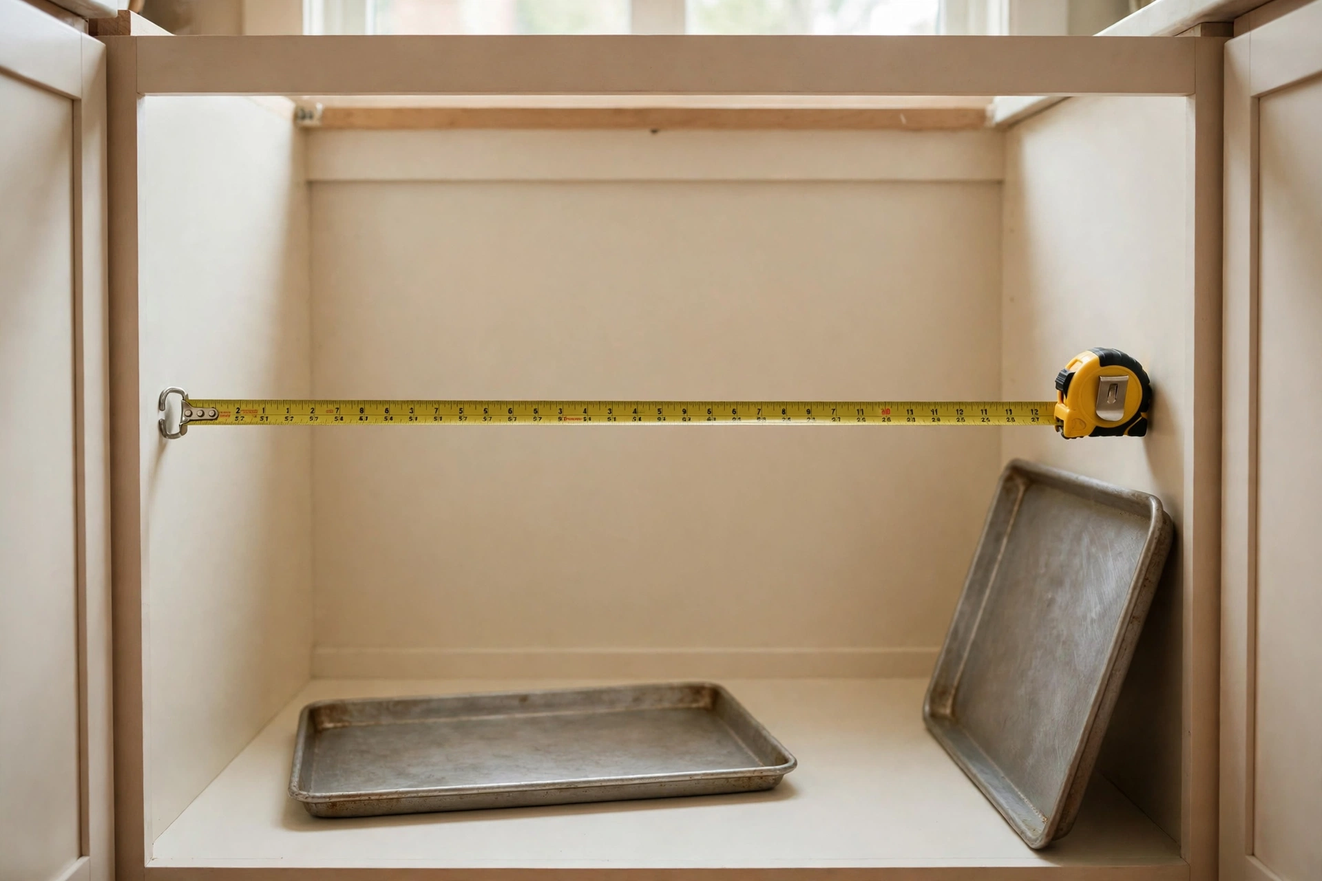 Tape measure stretched across an open kitchen base cabinet with baking sheets beside it