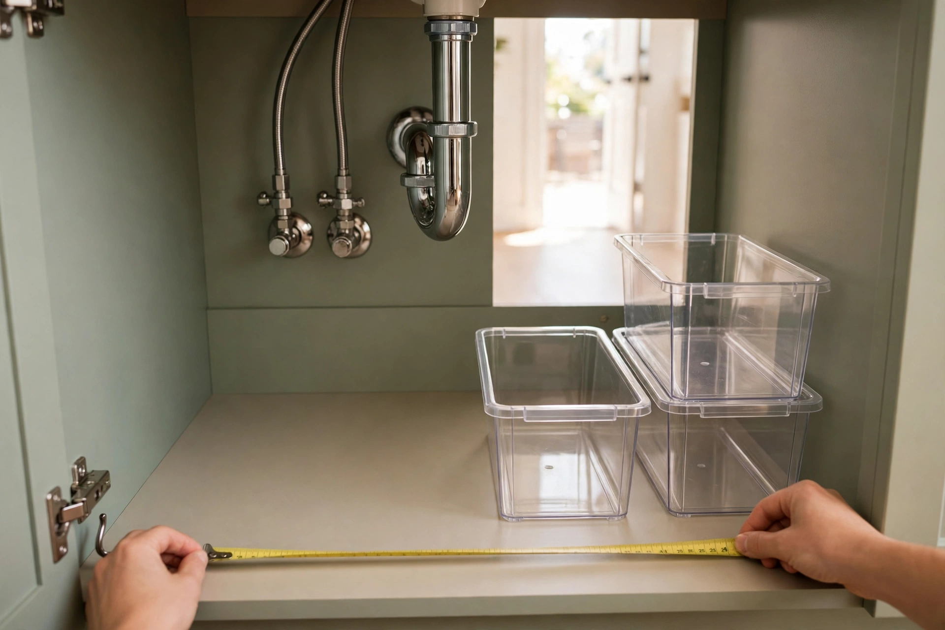 Hands holding a measuring tape across a bathroom vanity cabinet floor beside stackable plastic bins, with sink pipes visible at the back