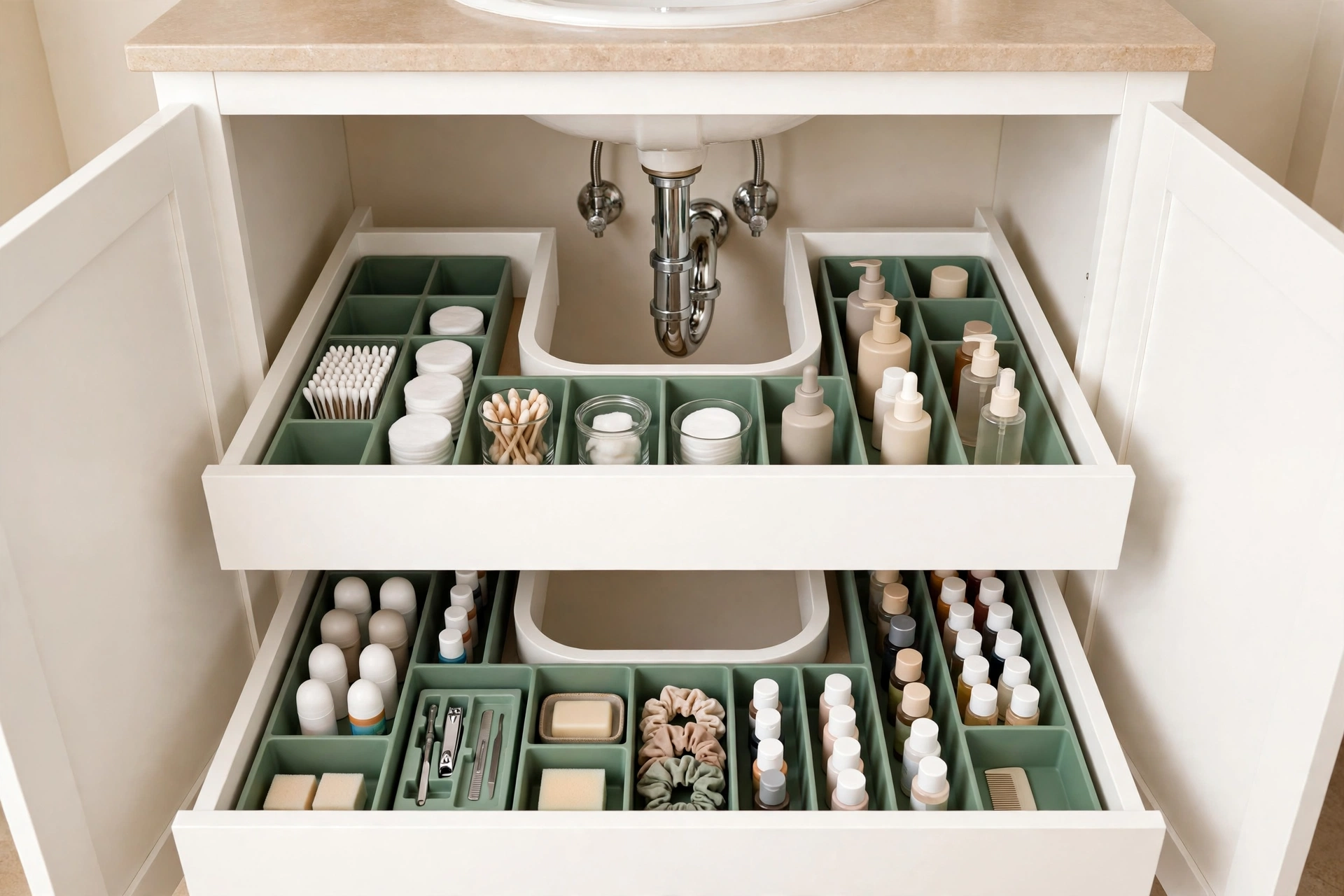 Pull-out two-tier drawers under a small bathroom sink holding toiletries in neat rows, fitted around the drain pipes