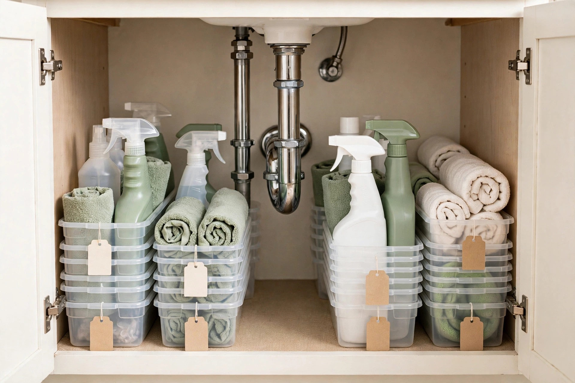 Stackable bins under a bathroom sink arranged around pipes, holding cleaning supplies and toiletries in tidy rows