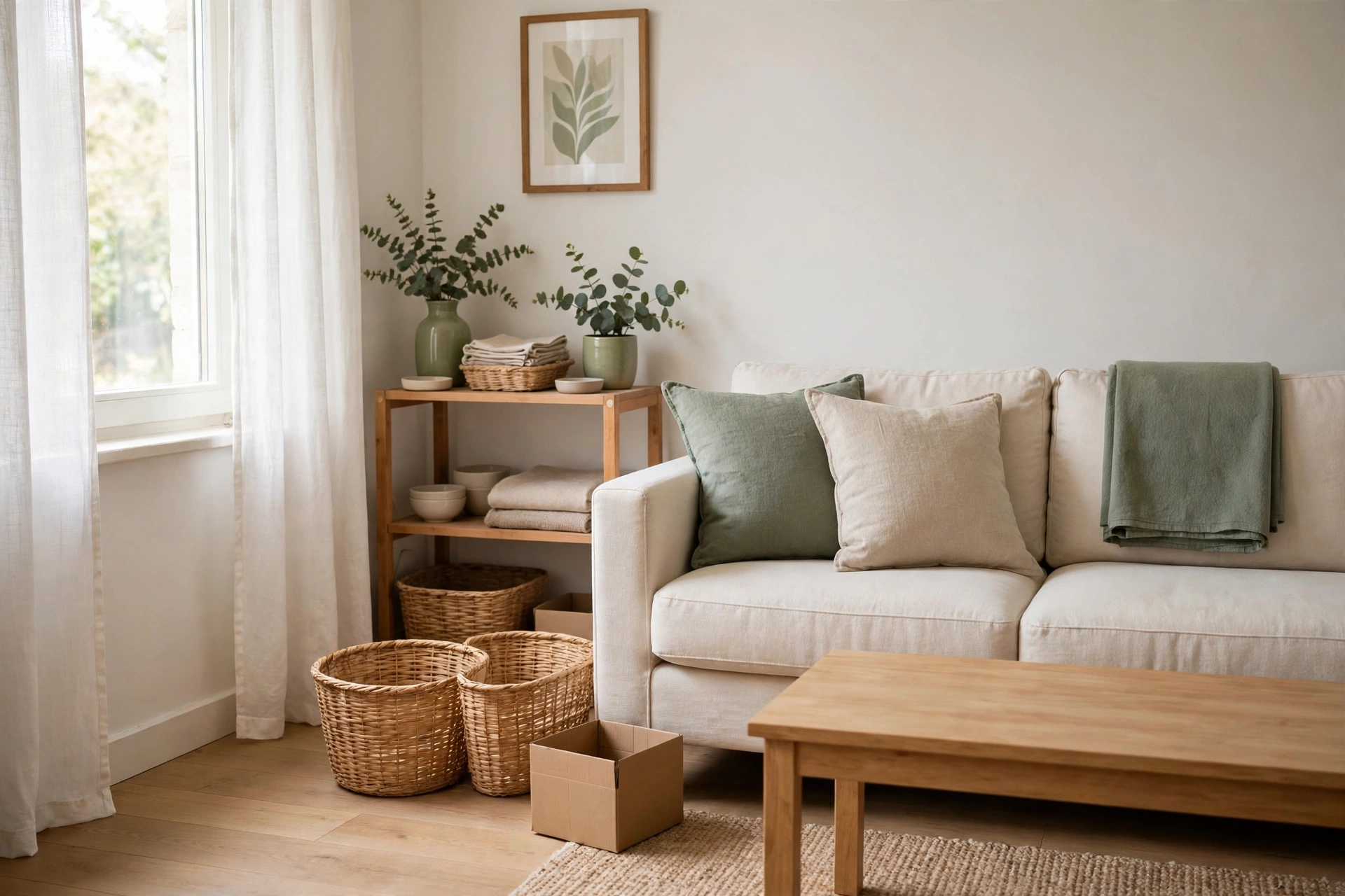 Small living room mid-declutter with two empty wicker sorting baskets and a cardboard donation box beside a white sofa with a cleared wooden coffee table